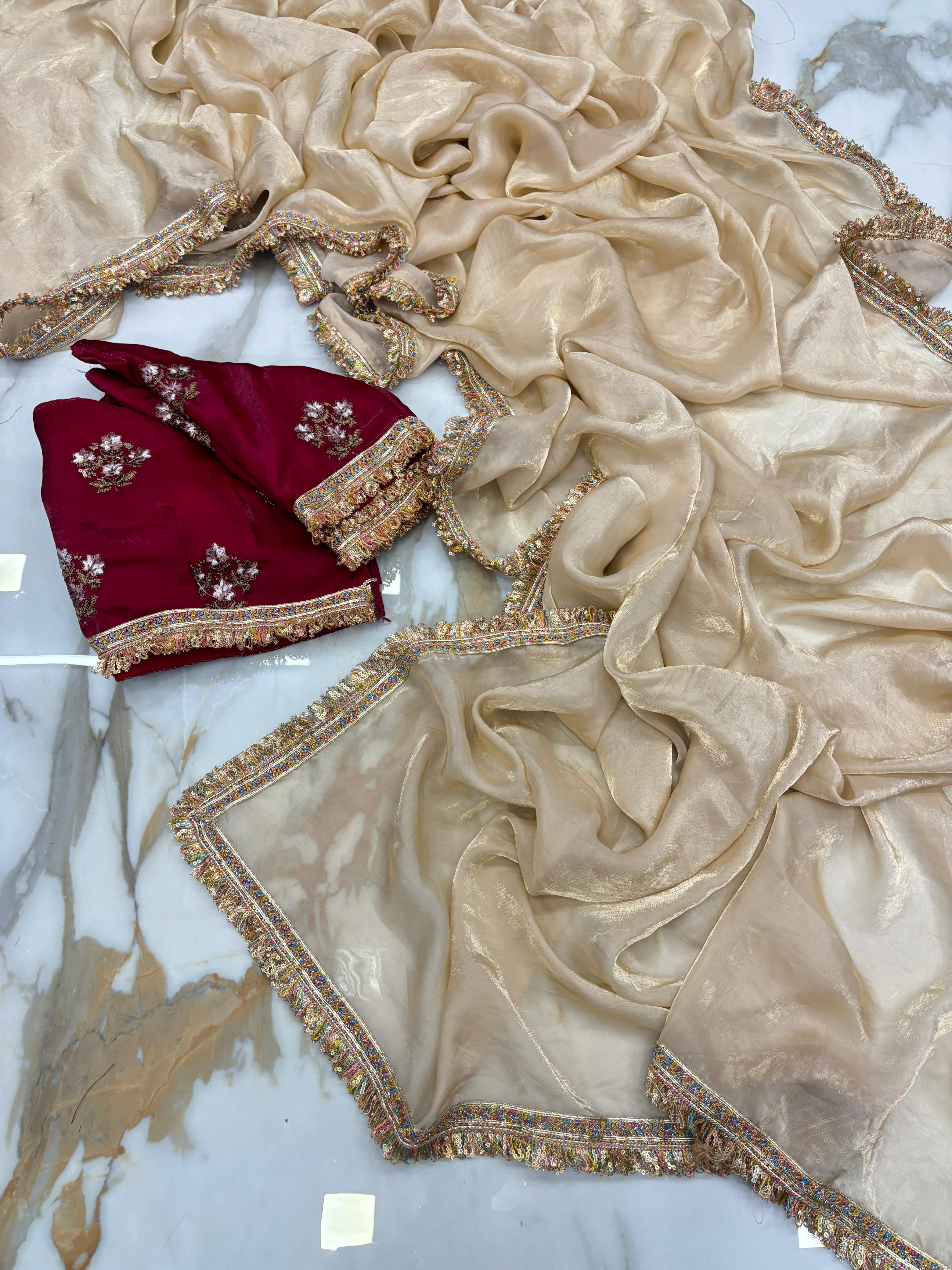 New Partywear Rich Silk Golden Color Designer Lace Work Fancy Saree With Embroidered Unstitched Blouse Piece