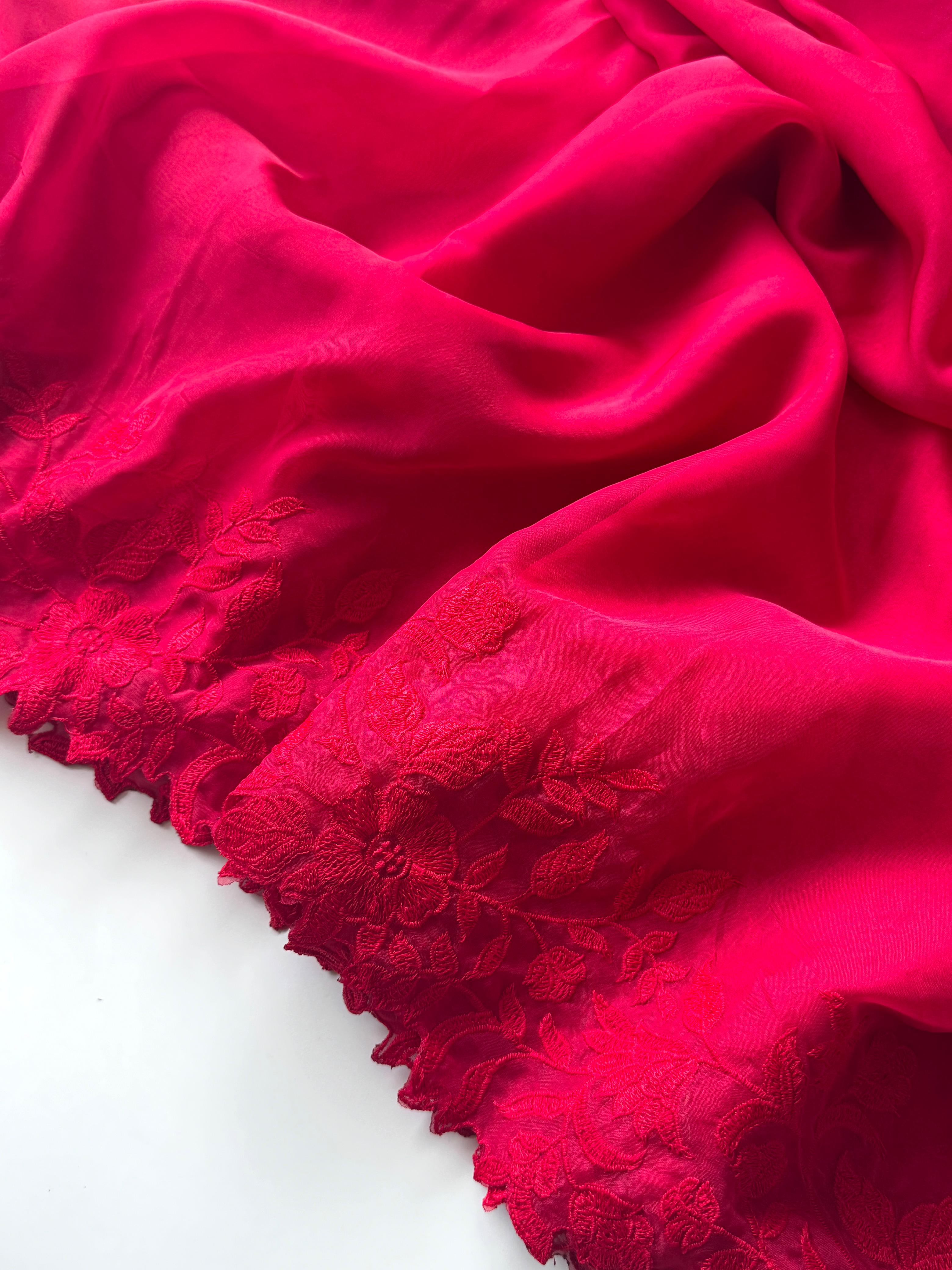 New Partywear Rani Color Organza Silk Embroidered n Cut Work Designer Saree With Blouse Piece