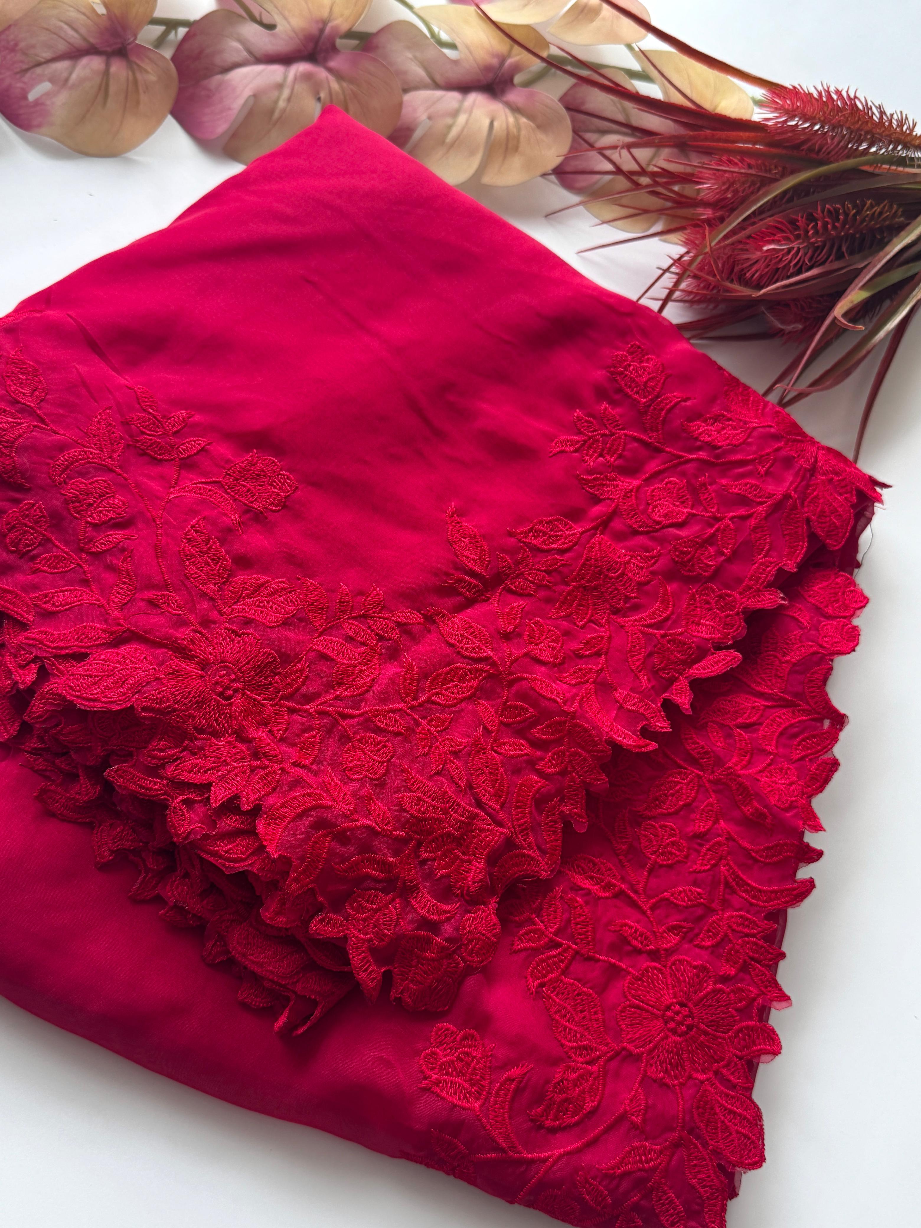 New Partywear Rani Color Organza Silk Embroidered n Cut Work Designer Saree With Blouse Piece