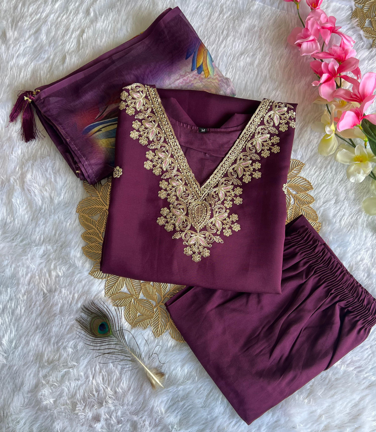 New Function Wear Wine Color Roman Silk Embroidery n Sequence Work Designer Straight Kurta With Trouser n Dupatta Set