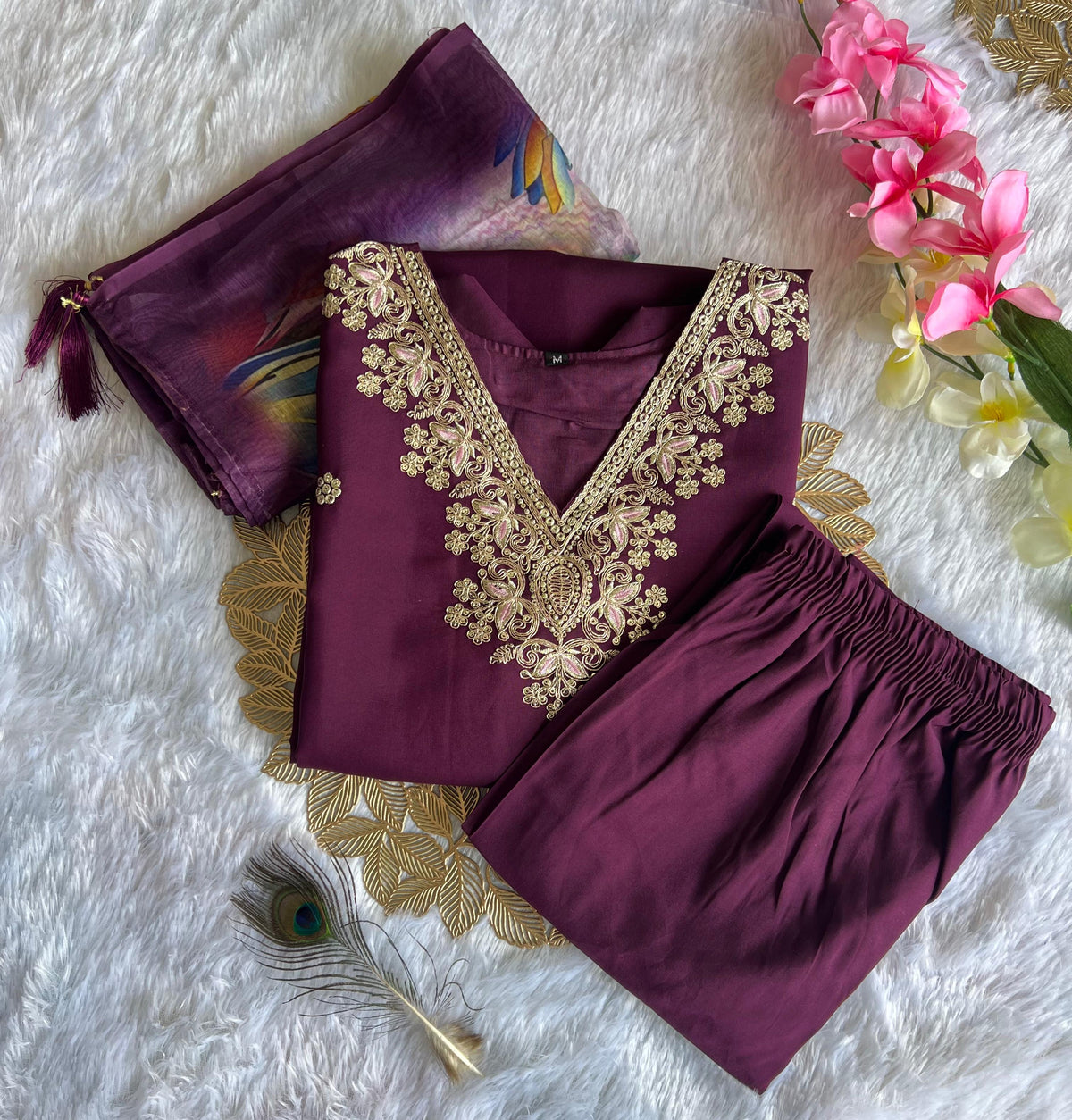 New Function Wear Wine Color Roman Silk Embroidery n Sequence Work Designer Straight Kurta With Trouser n Dupatta Set