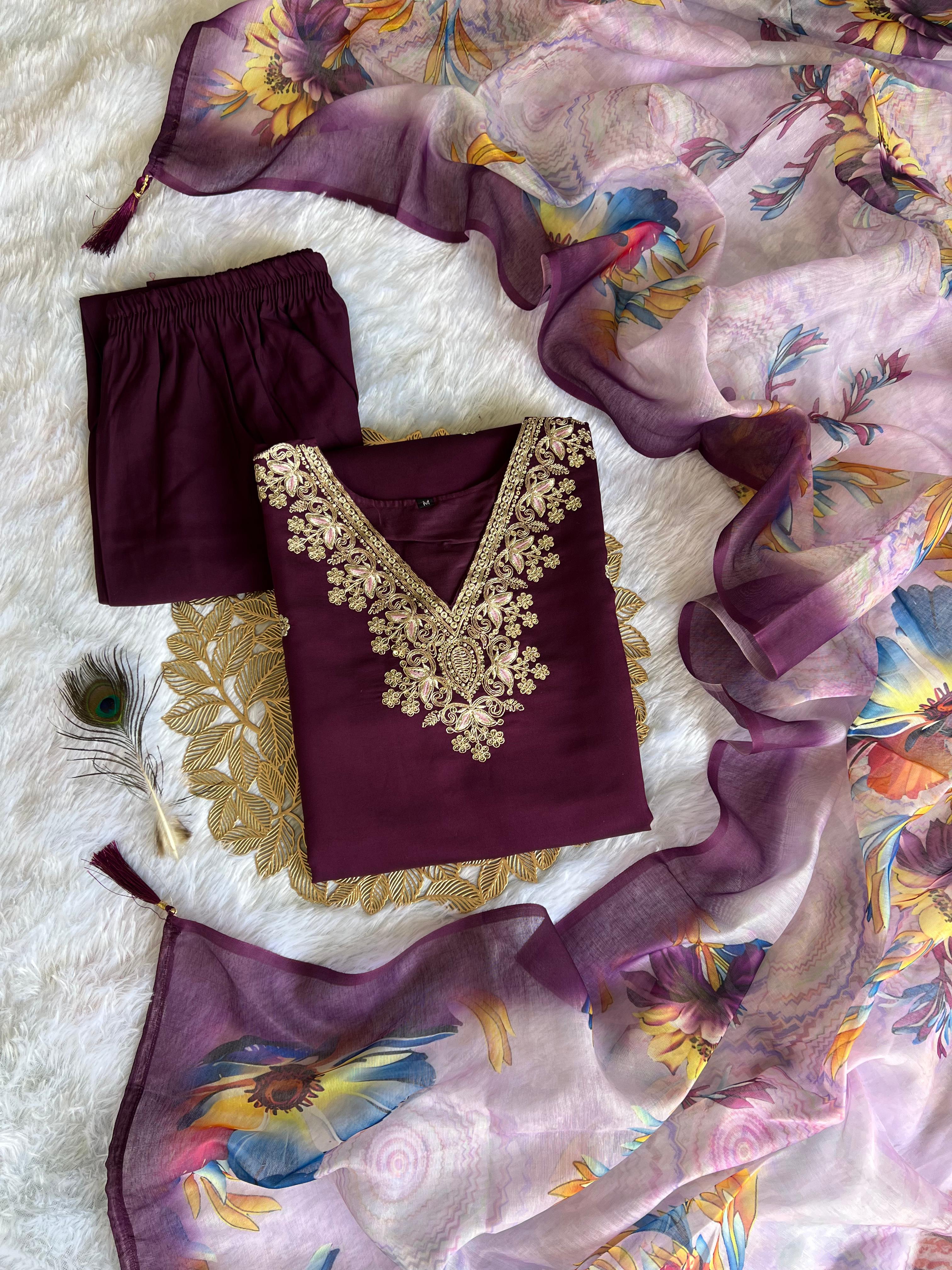 New Function Wear Wine Color Roman Silk Embroidery n Sequence Work Designer Straight Kurta With Trouser n Dupatta Set