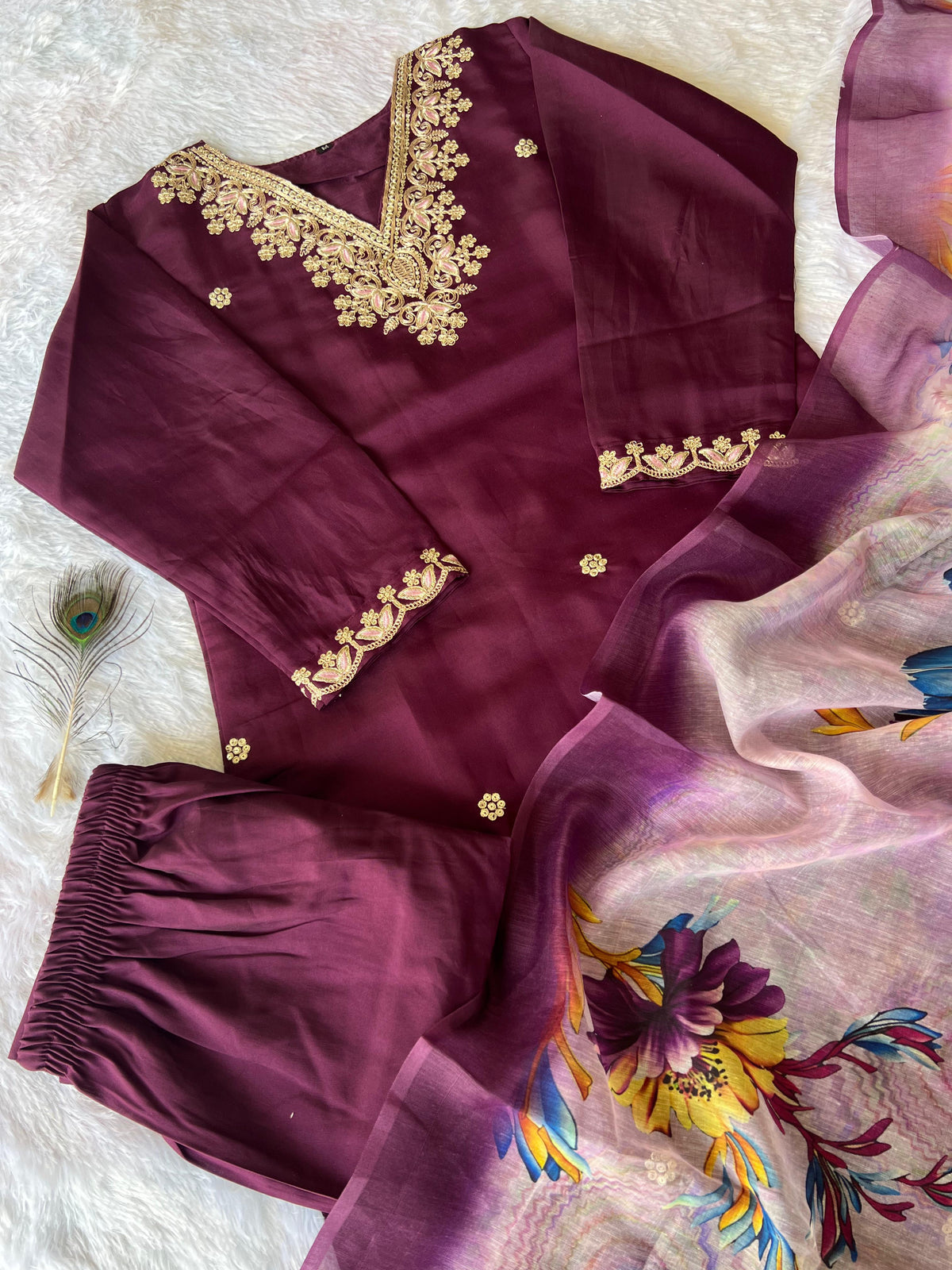 New Function Wear Wine Color Roman Silk Embroidery n Sequence Work Designer Straight Kurta With Trouser n Dupatta Set
