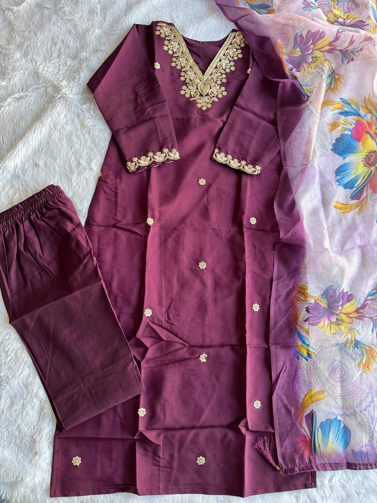 New Function Wear Wine Color Roman Silk Embroidery n Sequence Work Designer Straight Kurta With Trouser n Dupatta Set