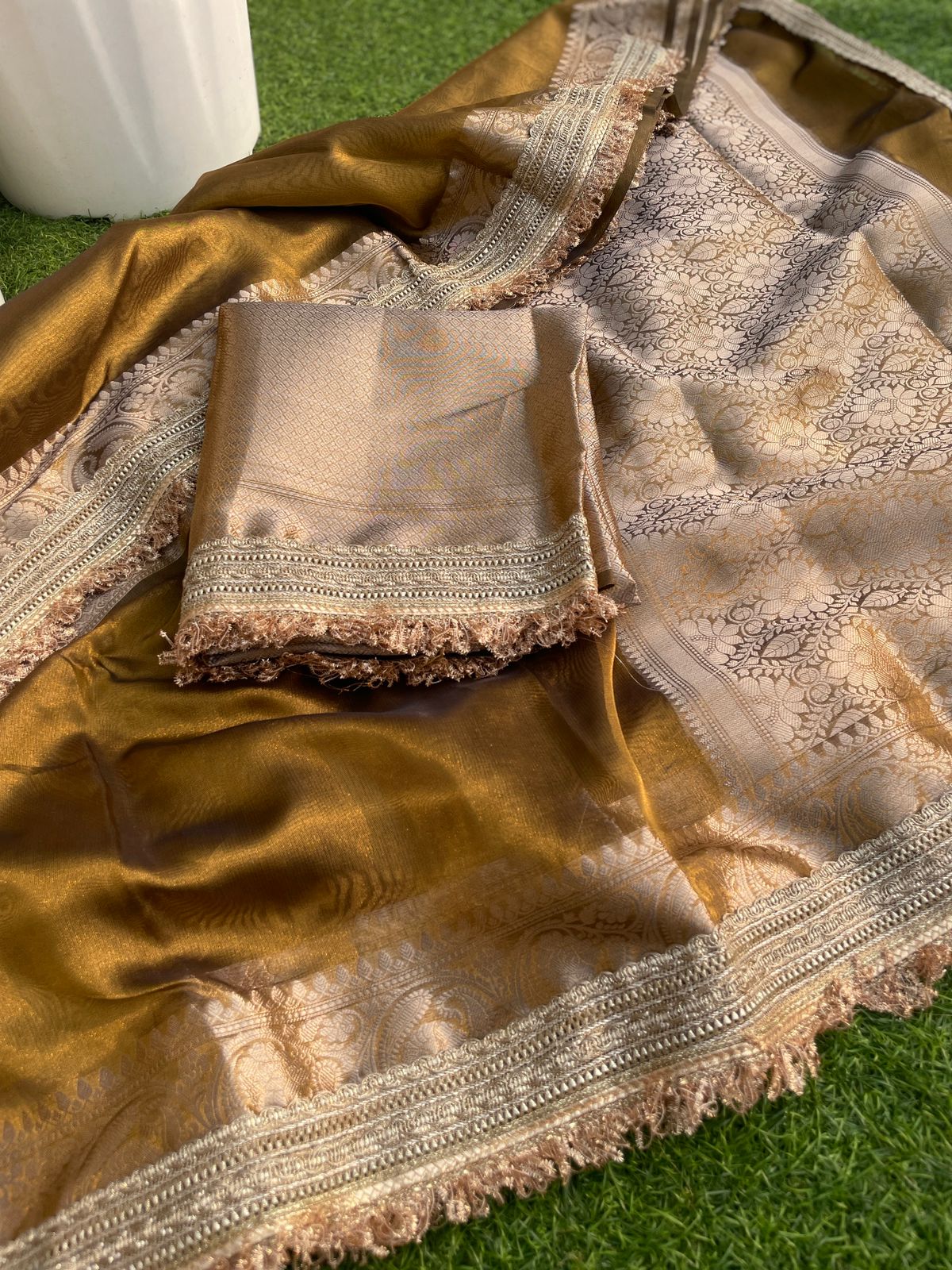 New Golden Color Banarasi Tissue Silk Jacquard n Lace Work Fancy Designer Partywear Saree