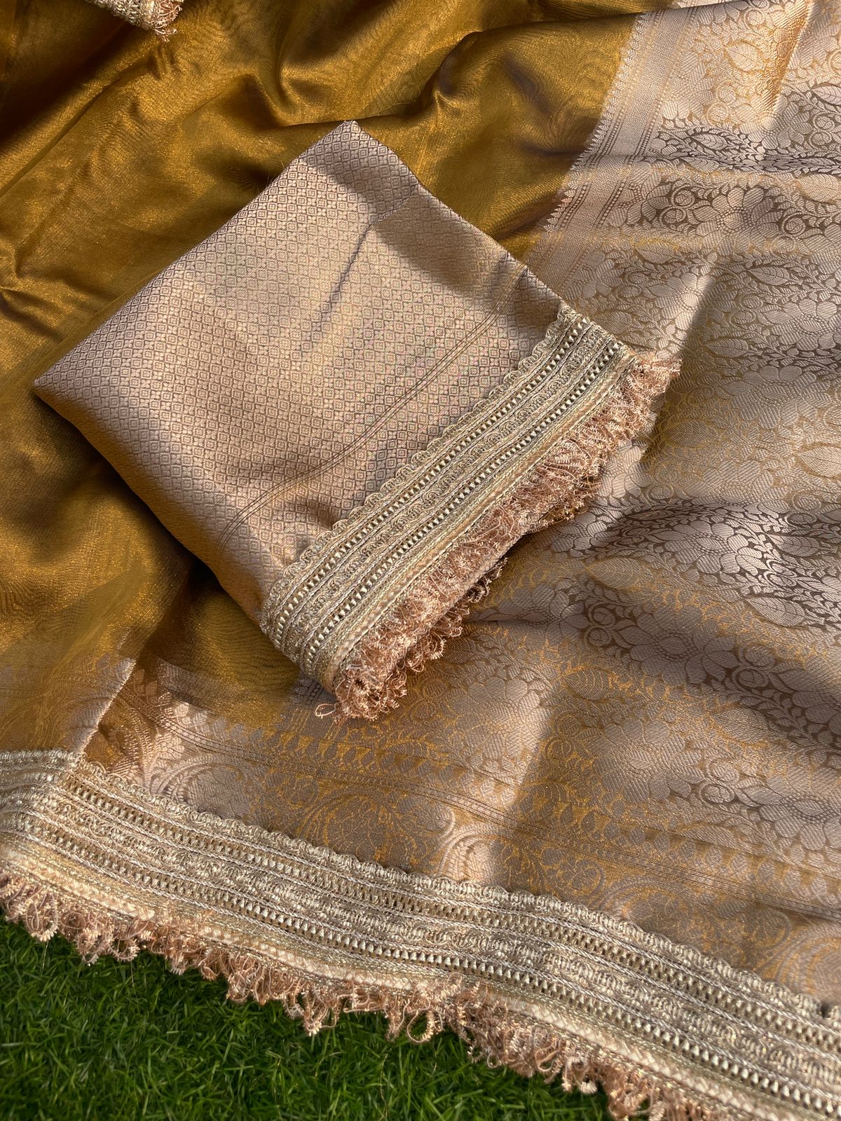 New Golden Color Banarasi Tissue Silk Jacquard n Lace Work Fancy Designer Partywear Saree