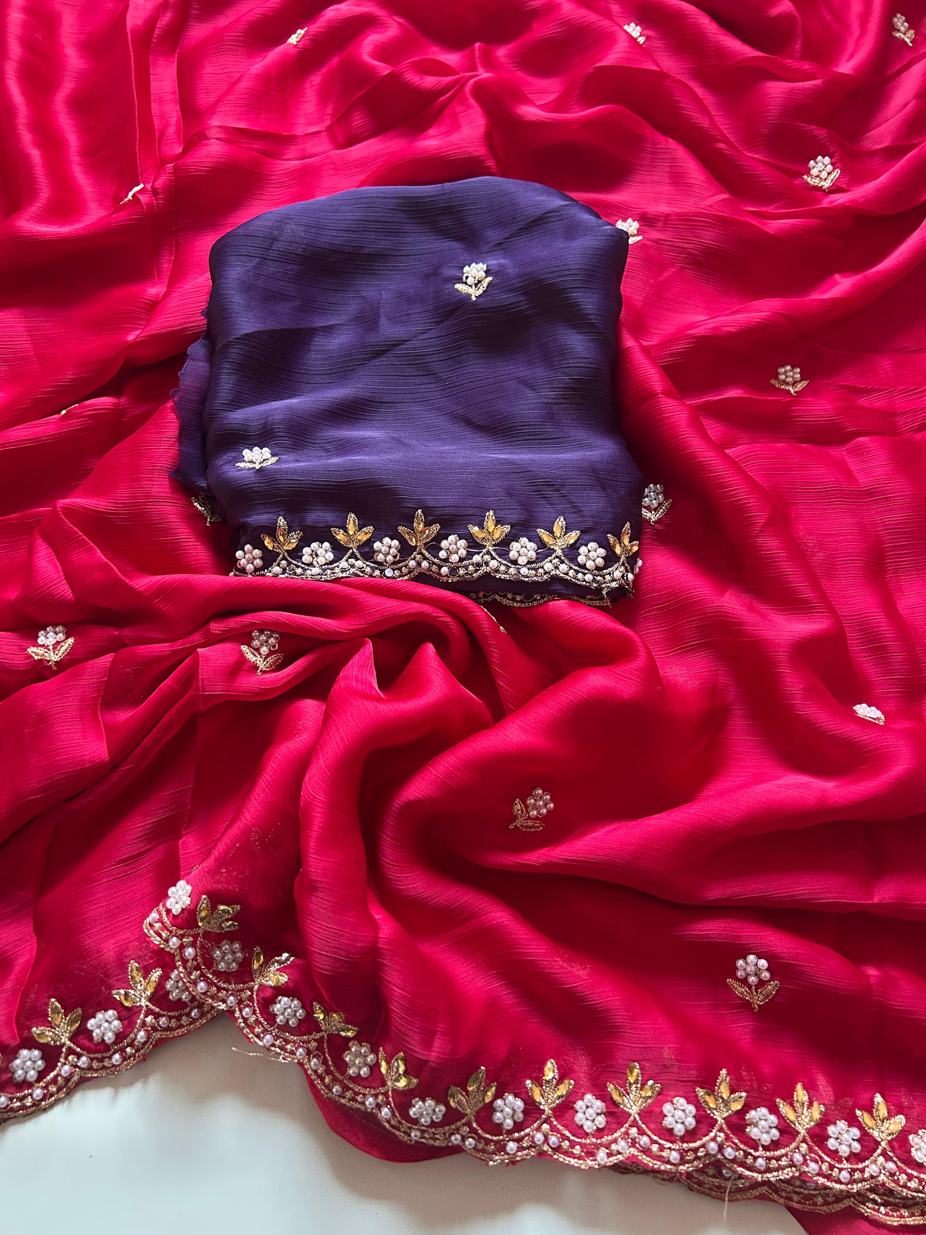 New Partywear Satin Chiffon Embroidery n Diamond Work Fancy Designer Saree With Blouse