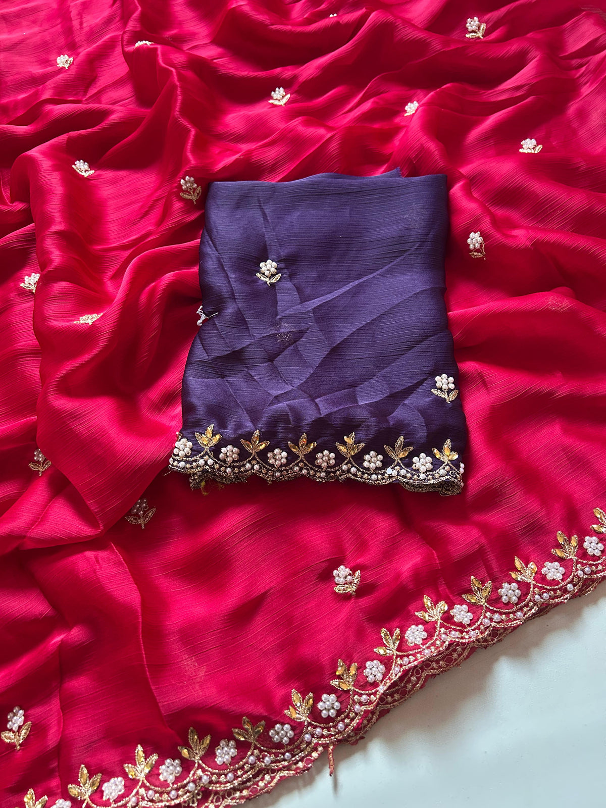 New Partywear Satin Chiffon Embroidery n Diamond Work Fancy Designer Saree With Blouse