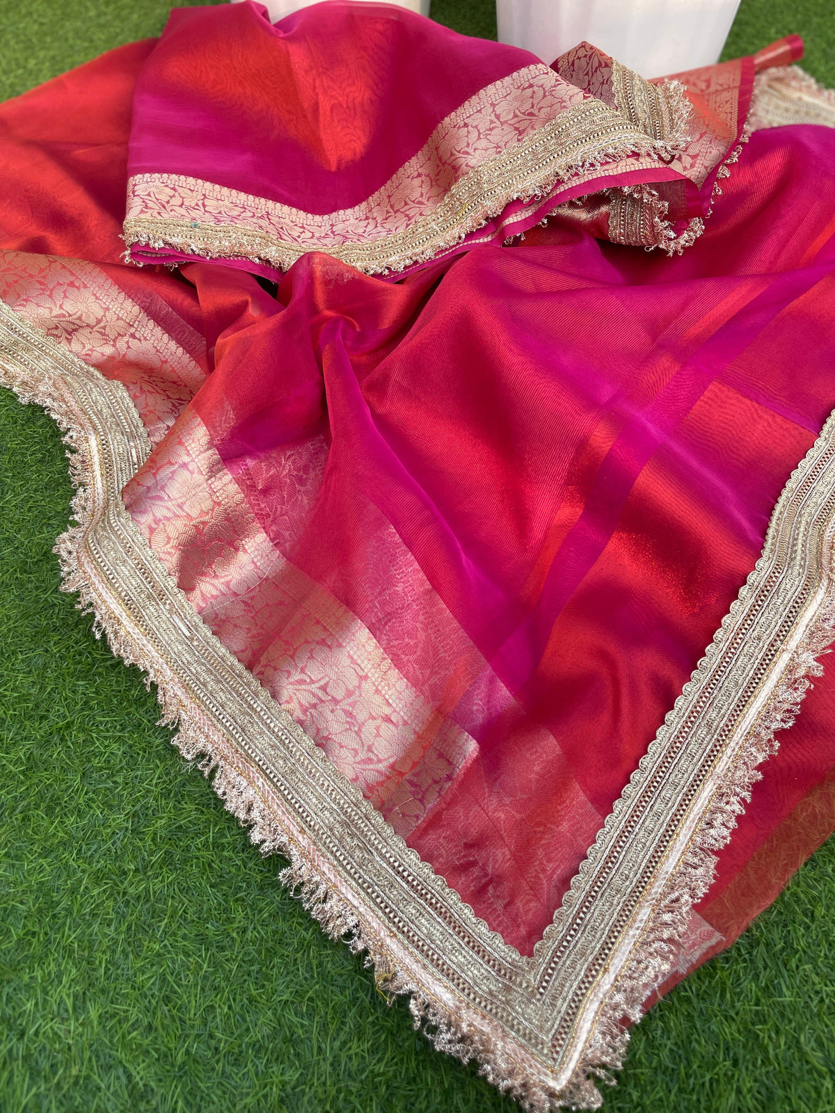 New Rani Color Banarasi Tissue Silk Jacquard n Lace Work Fancy Designer Partywear Saree