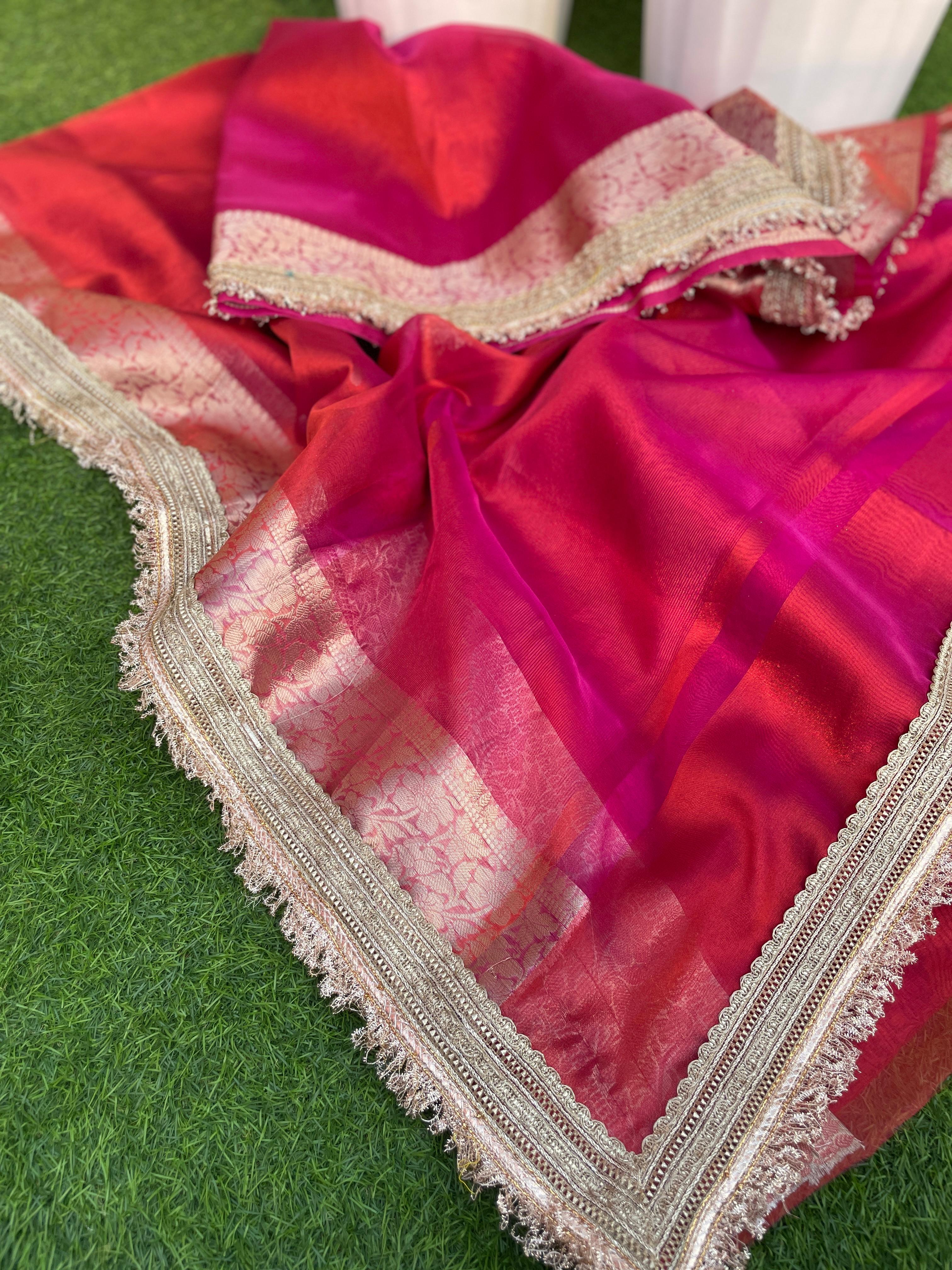 New Rani Color Banarasi Tissue Silk Jacquard n Lace Work Fancy Designer Partywear Saree