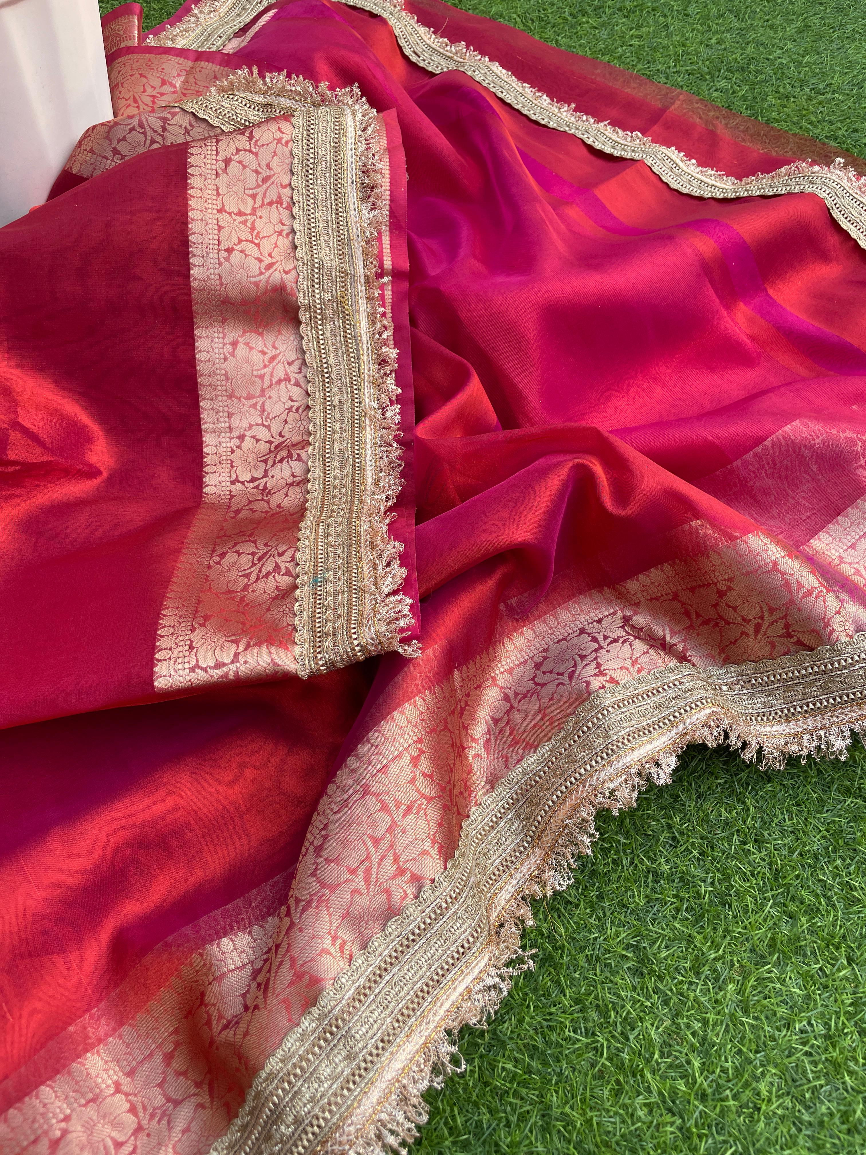 New Rani Color Banarasi Tissue Silk Jacquard n Lace Work Fancy Designer Partywear Saree