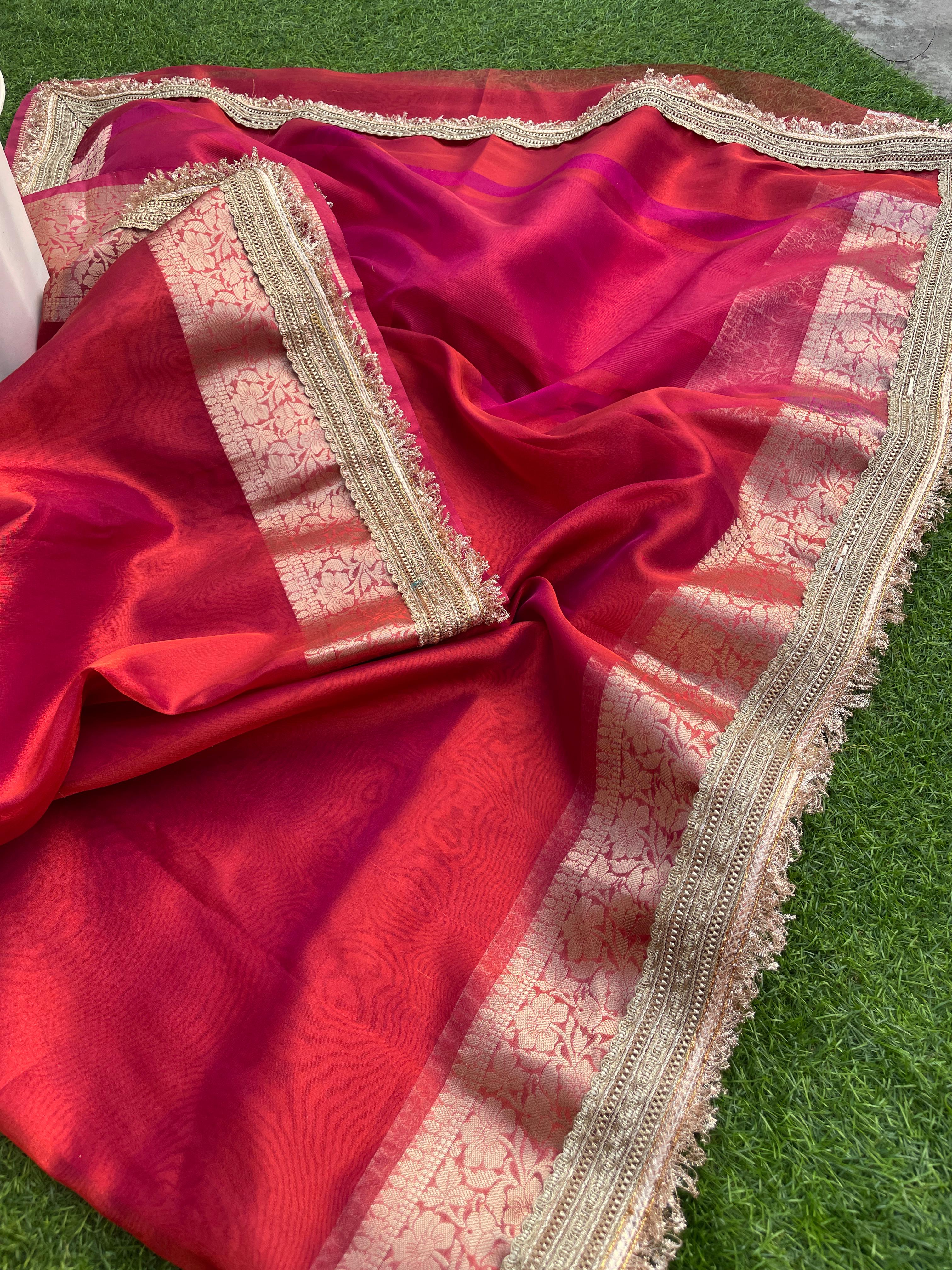 New Rani Color Banarasi Tissue Silk Jacquard n Lace Work Fancy Designer Partywear Saree
