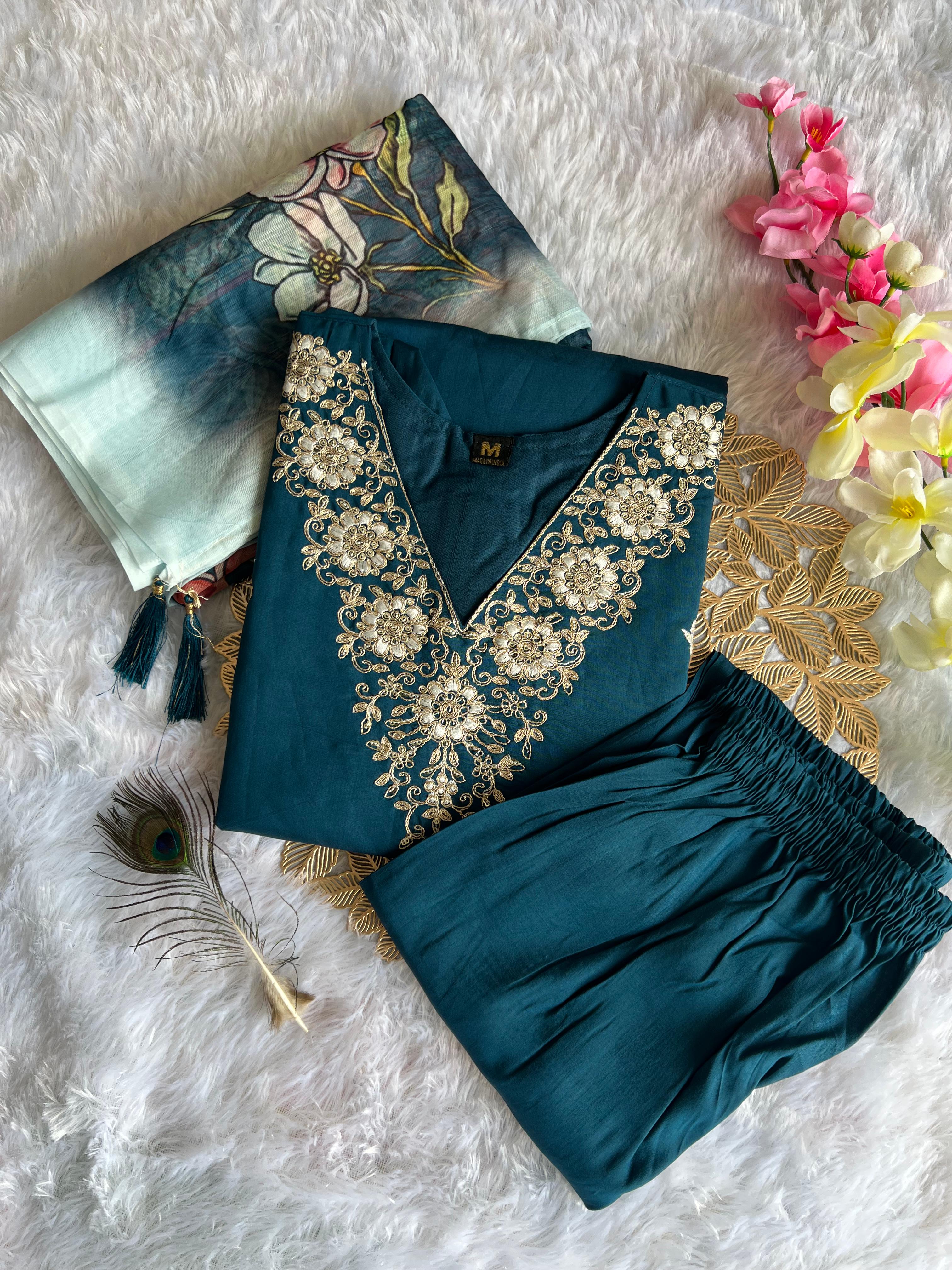 New Wedding Wear Teal Blue Color Roman Silk Embroidery n Sequence Work Designer Straight Kurta With Trouser n Dupatta Set