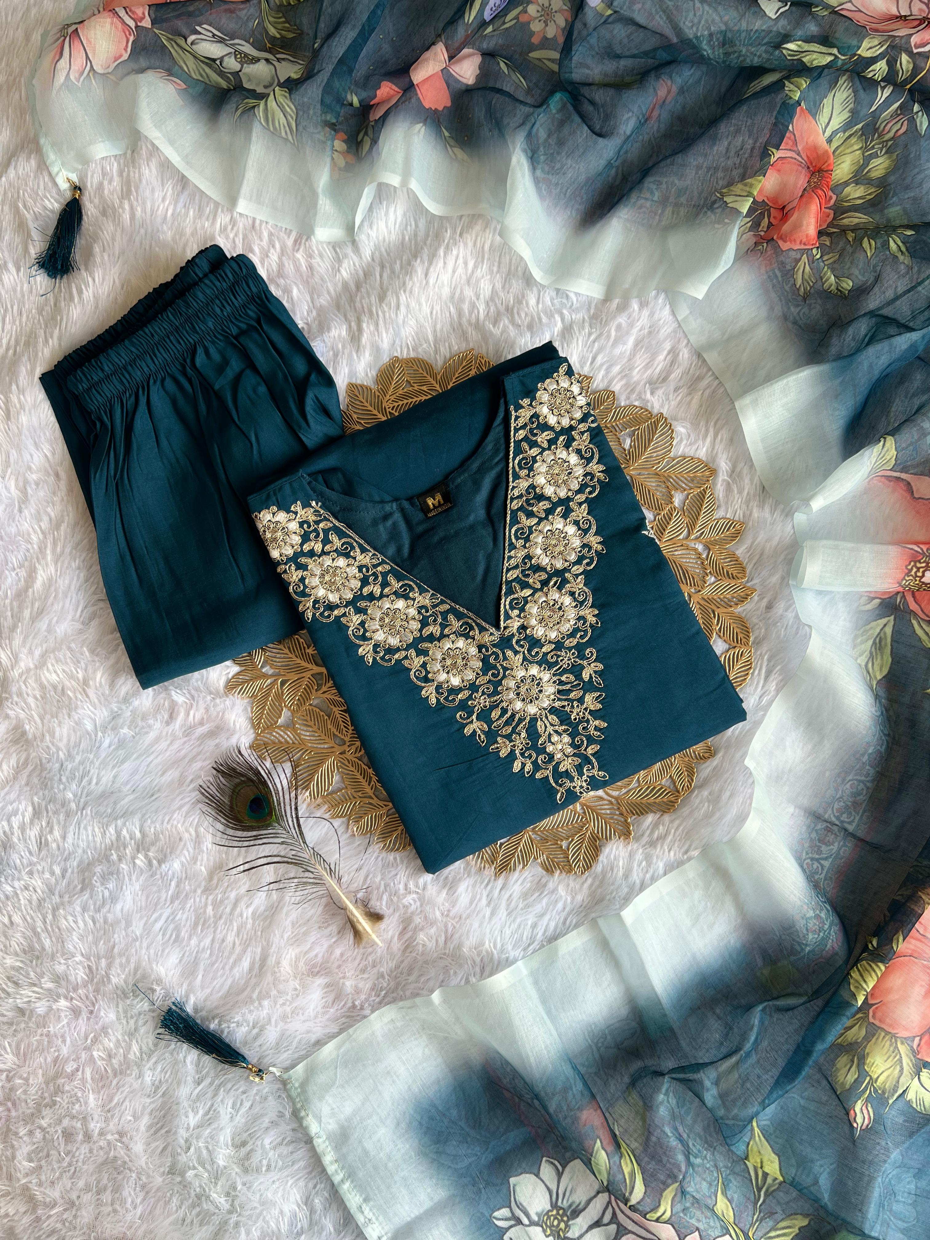 New Wedding Wear Teal Blue Color Roman Silk Embroidery n Sequence Work Designer Straight Kurta With Trouser n Dupatta Set