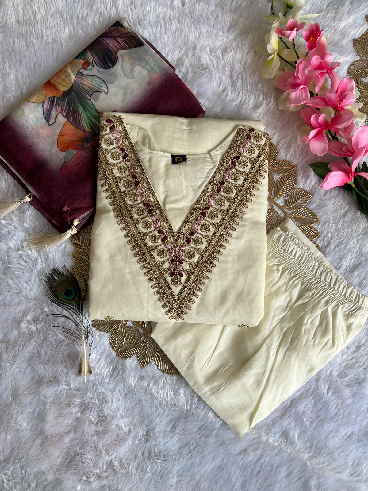 New Wedding Wear White Color Roman Silk Embroidery n Sequence Work Designer Straight Kurta With Trouser n Dupatta Set