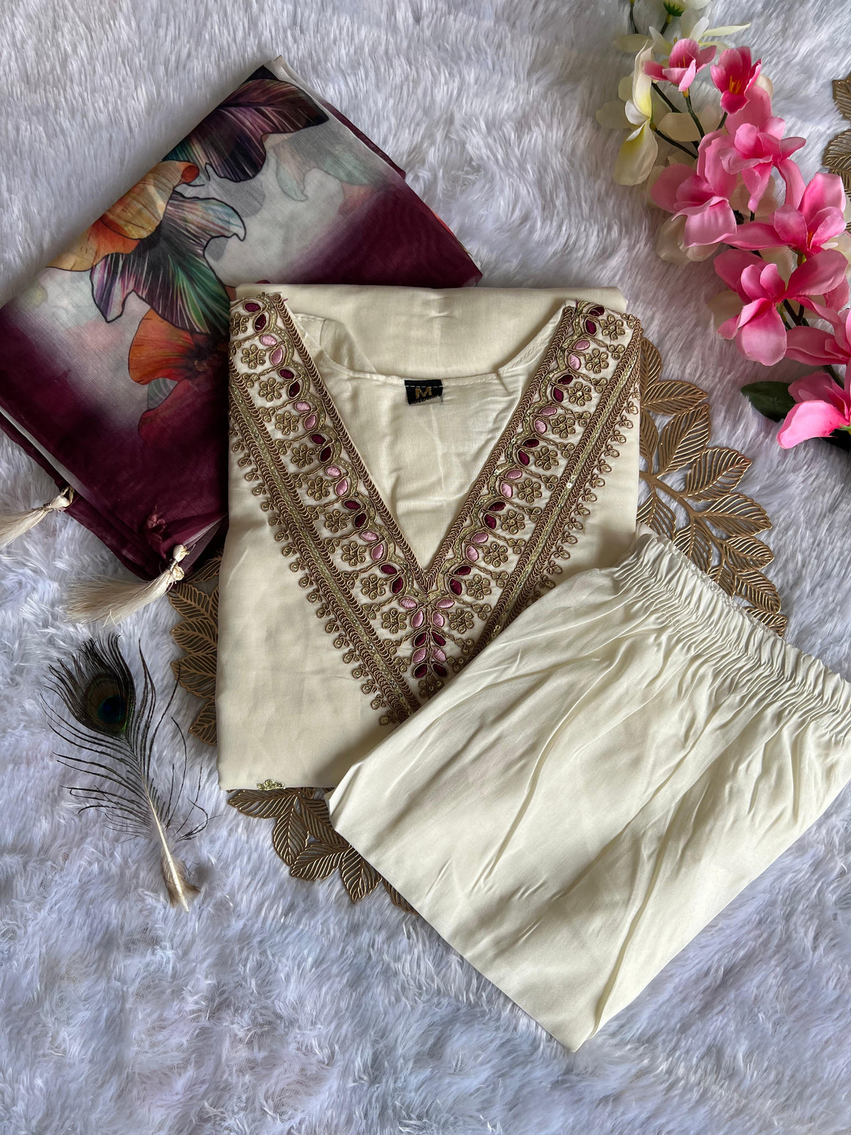 New Wedding Wear White Color Roman Silk Embroidery n Sequence Work Designer Straight Kurta With Trouser n Dupatta Set
