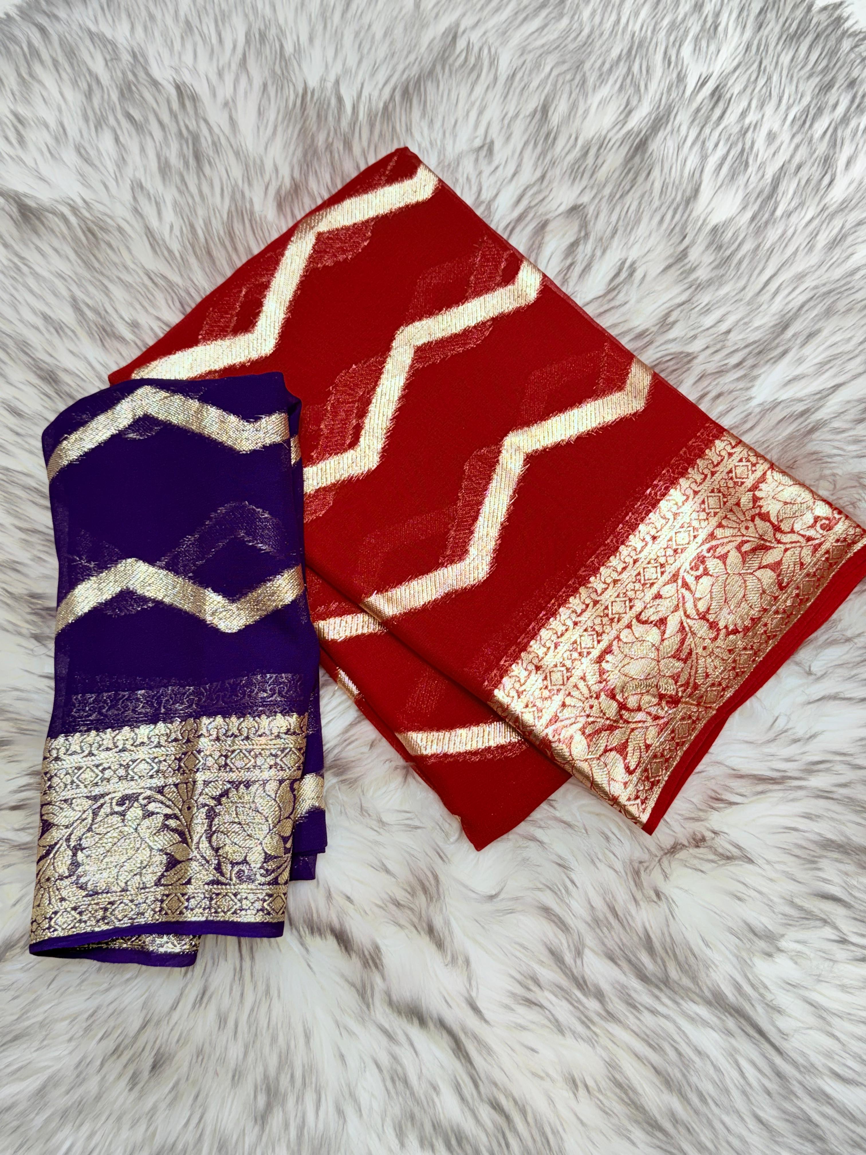 Latest Wedding Wear Viscose Georgette Jacquard Golden Zari Work Fancy Designer Saree