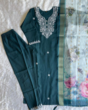 Load image into Gallery viewer, New Wedding Wear Teal Blue Color Roman Silk Embroidery n Sequence Work Designer Straight Kurta With Trouser n Dupatta Set
