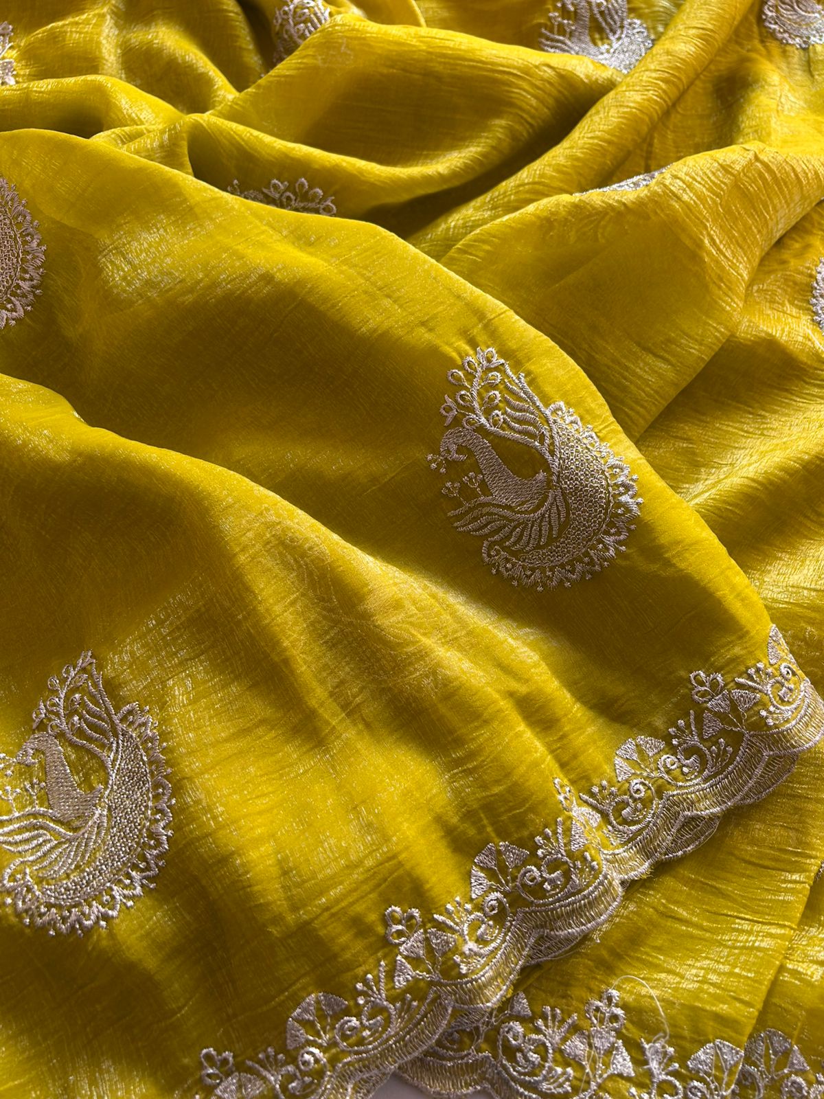 New Dark Mustard Crush Chiffon Embroidery n Sequence Work Partywear Fancy Designer Saree With Blouse