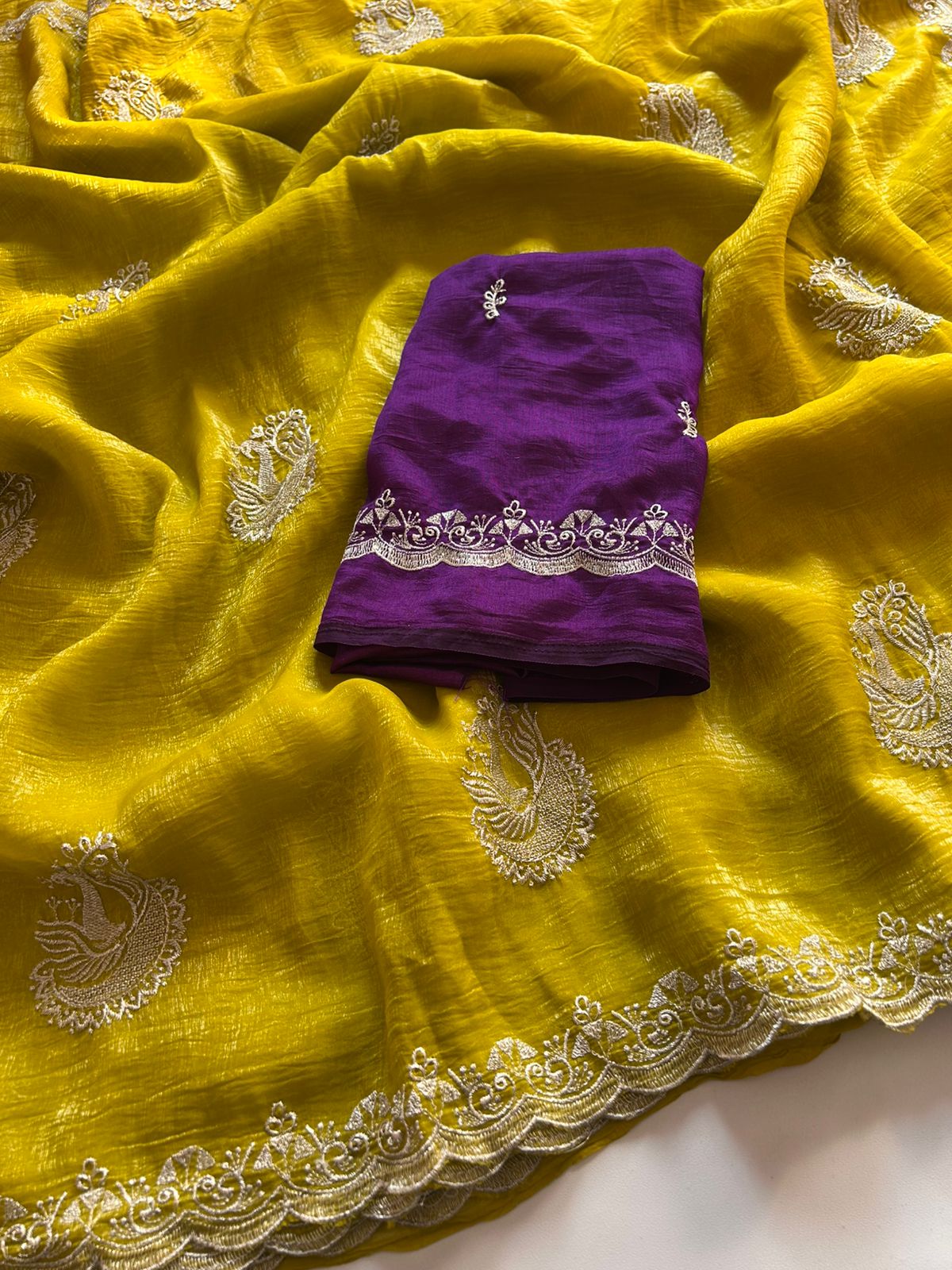 New Dark Mustard Crush Chiffon Embroidery n Sequence Work Partywear Fancy Designer Saree With Blouse
