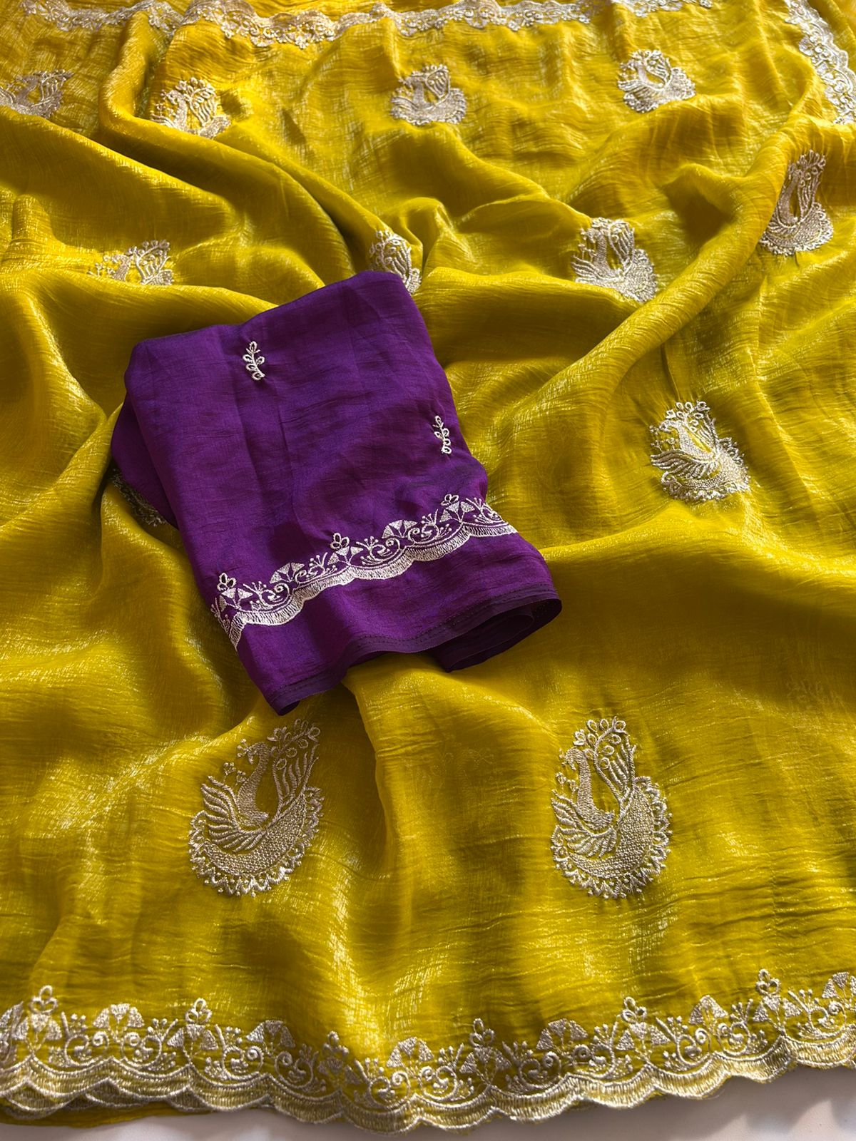 New Dark Mustard Crush Chiffon Embroidery n Sequence Work Partywear Fancy Designer Saree With Blouse