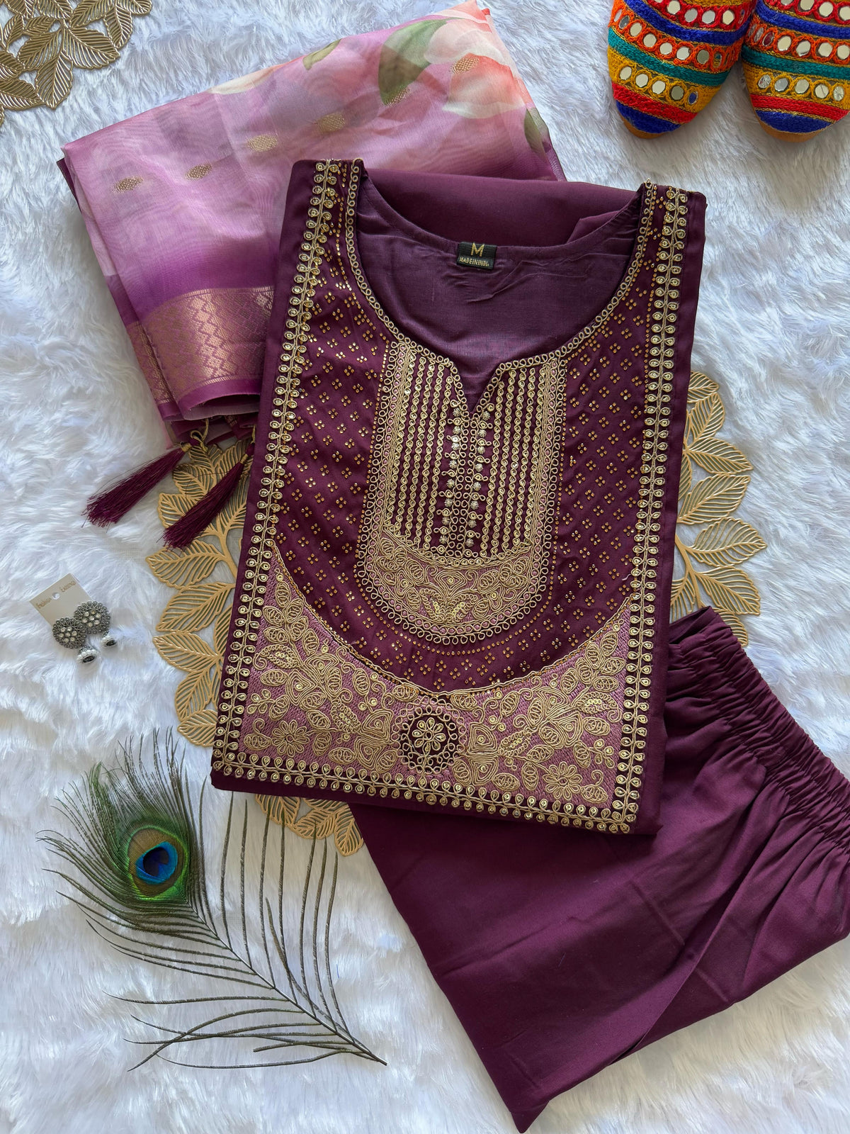 New Festive Wear Wine Color Roman Silk Embroidery n Sequence Work Designer Straight Kurta With Trouser n Dupatta Set