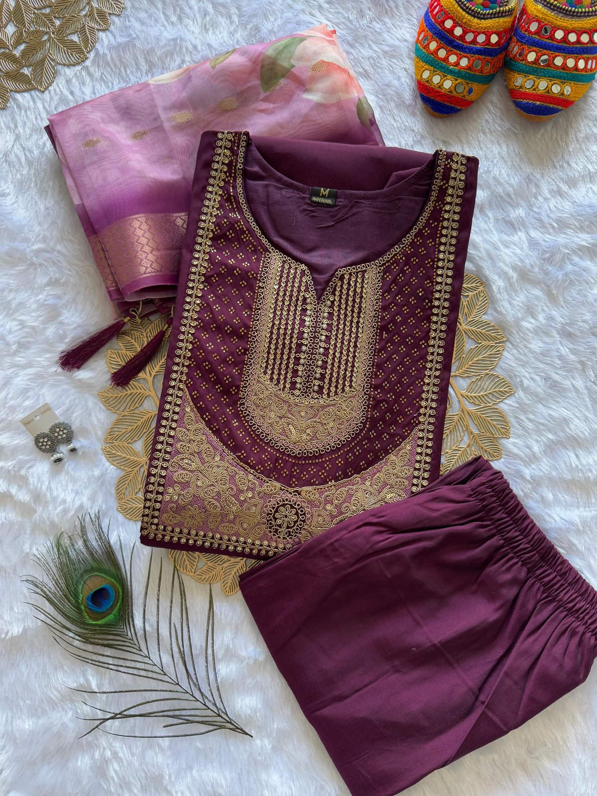New Festive Wear Wine Color Roman Silk Embroidery n Sequence Work Designer Straight Kurta With Trouser n Dupatta Set