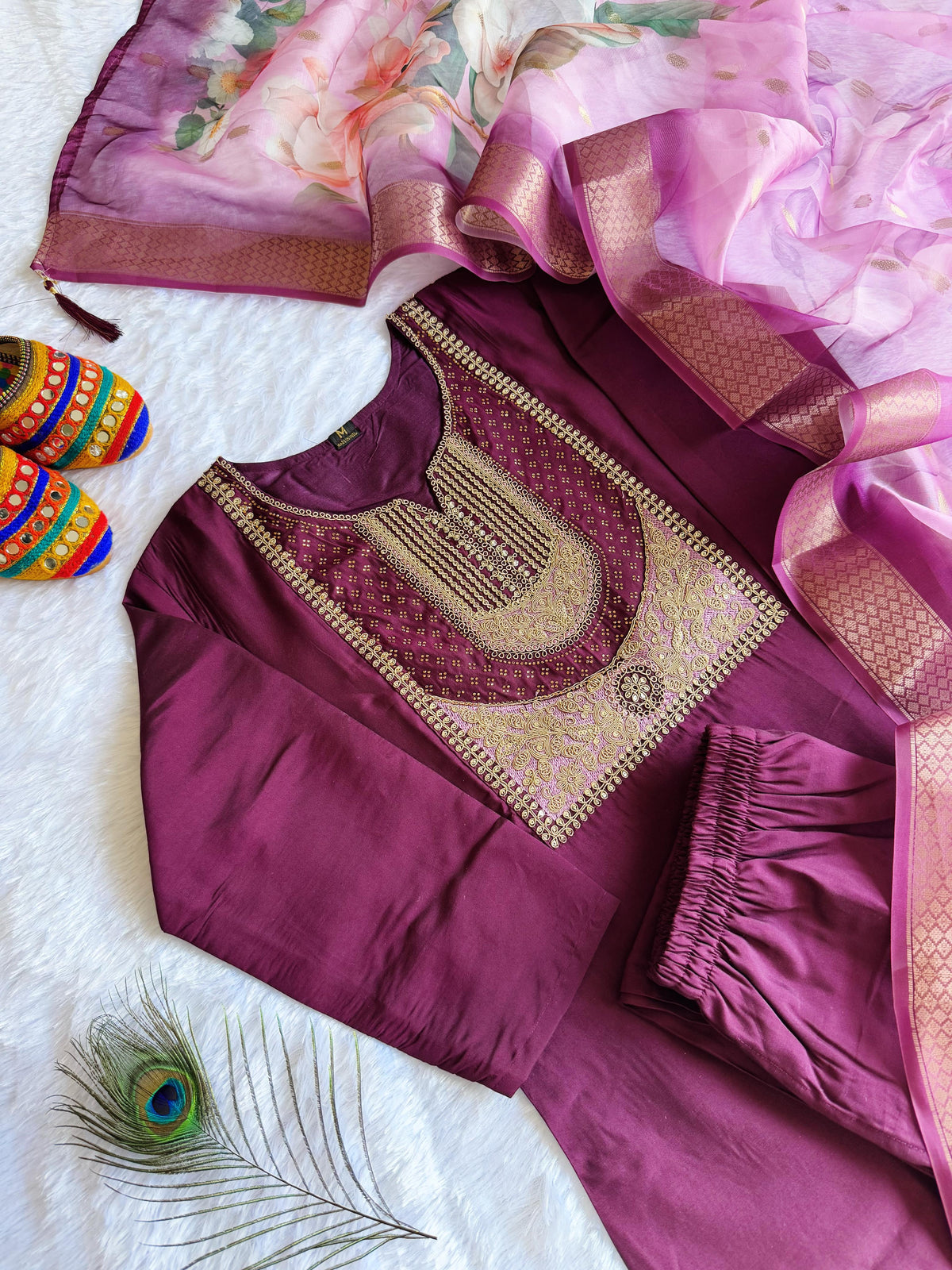 New Festive Wear Wine Color Roman Silk Embroidery n Sequence Work Designer Straight Kurta With Trouser n Dupatta Set
