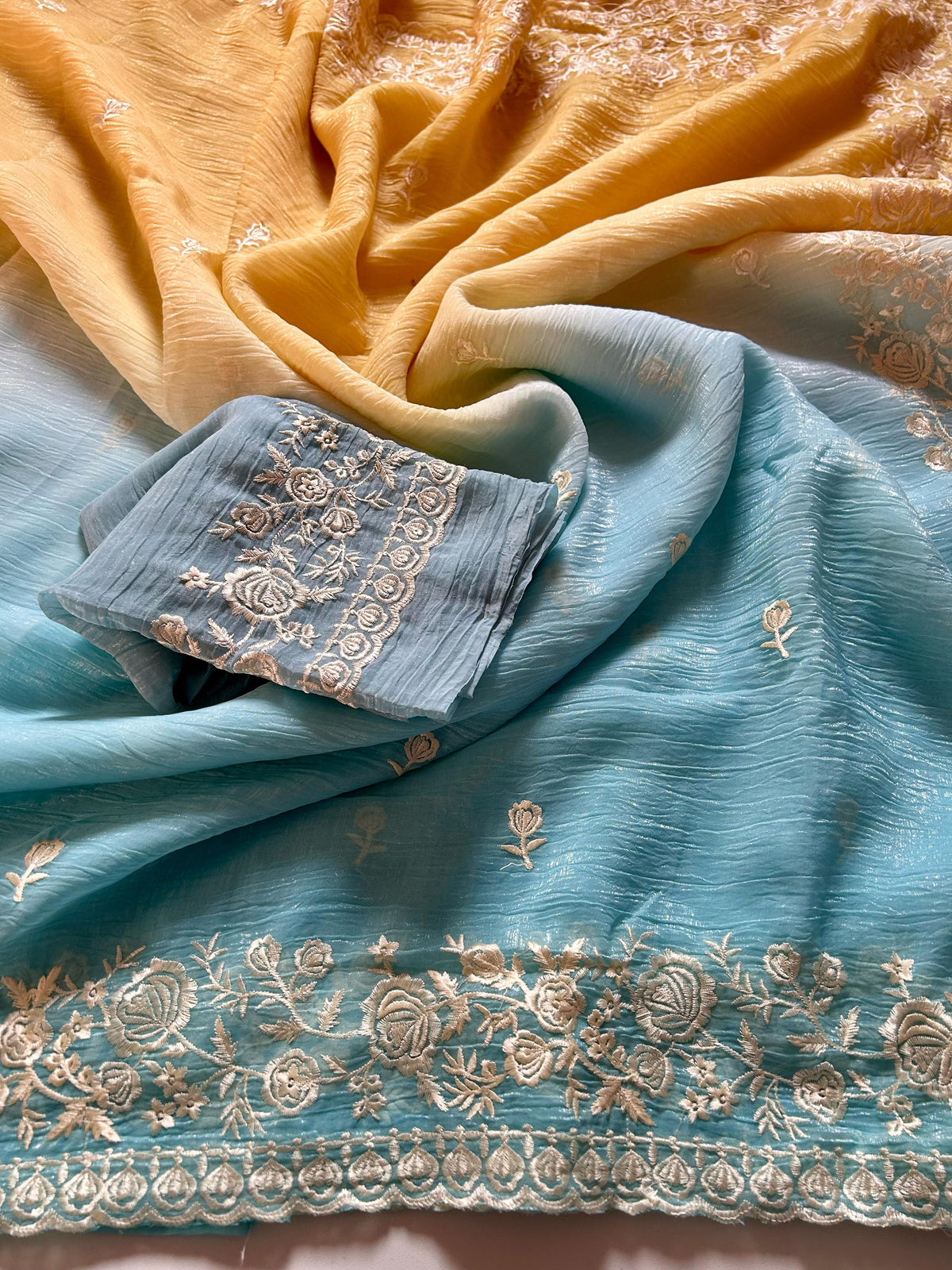 New Multicolor Soft Tissue Crush Silk Embroidery n Cut Work Partywear Fancy Designer Saree With Blouse