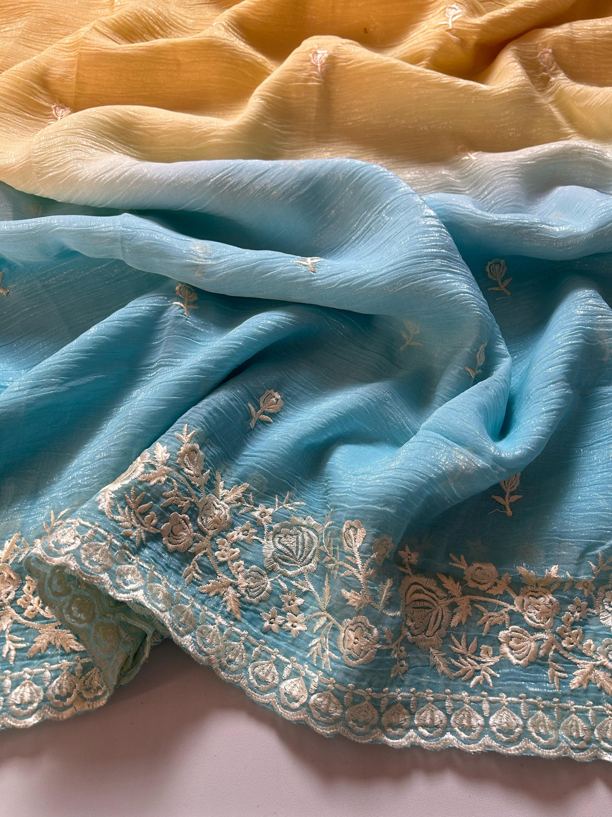 New Multicolor Soft Tissue Crush Silk Embroidery n Cut Work Partywear Fancy Designer Saree With Blouse