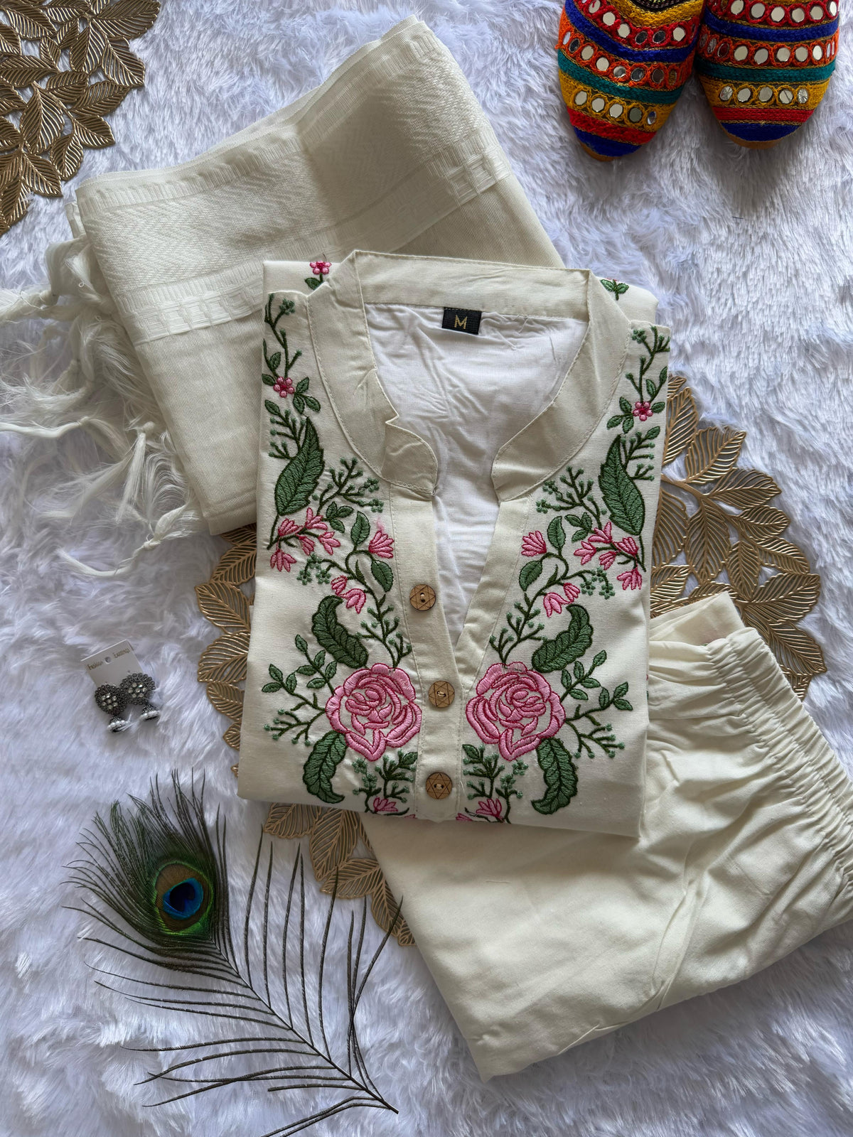New Wedding Wear White Color Cotton Embroidery Work Designer Straight Kurta With Trouser n Dupatta Set