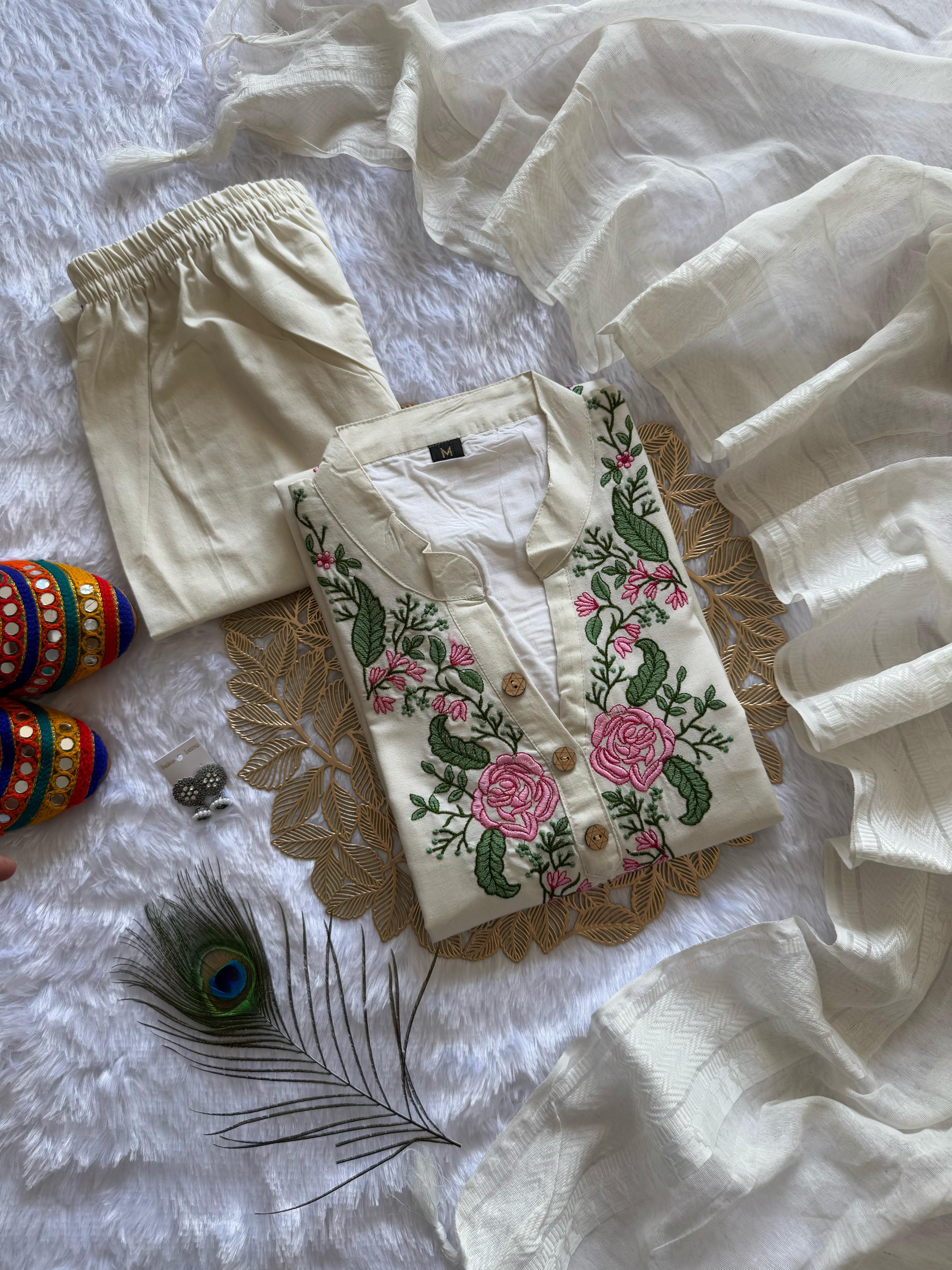 New Wedding Wear White Color Cotton Embroidery Work Designer Straight Kurta With Trouser n Dupatta Set