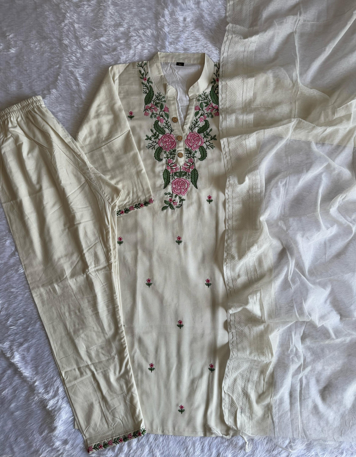 New Wedding Wear White Color Cotton Embroidery Work Designer Straight Kurta With Trouser n Dupatta Set