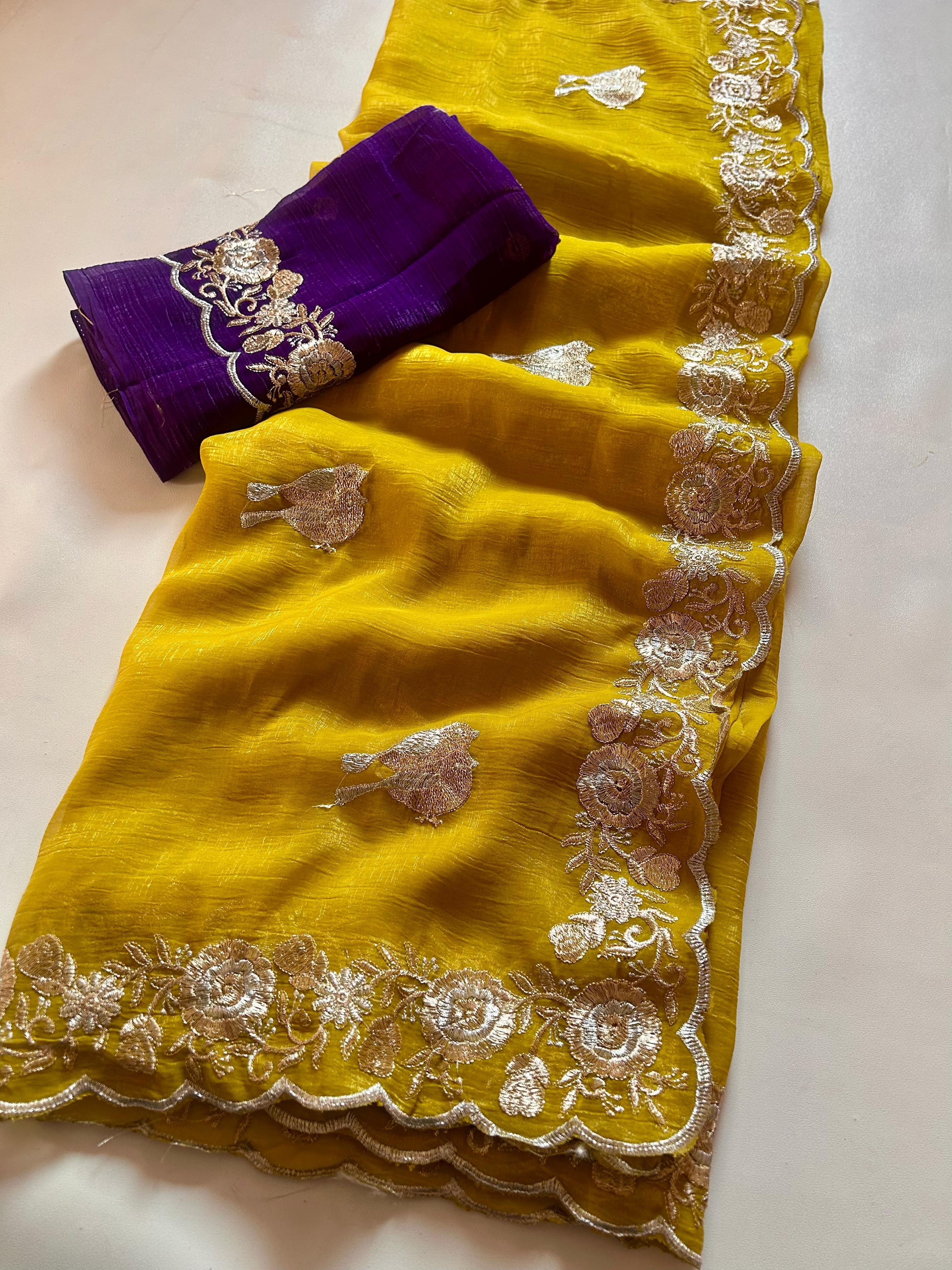 New Partywear Crush Chiffon Silk Embroidered n Sequence Work Fancy Designer Saree With Blouse