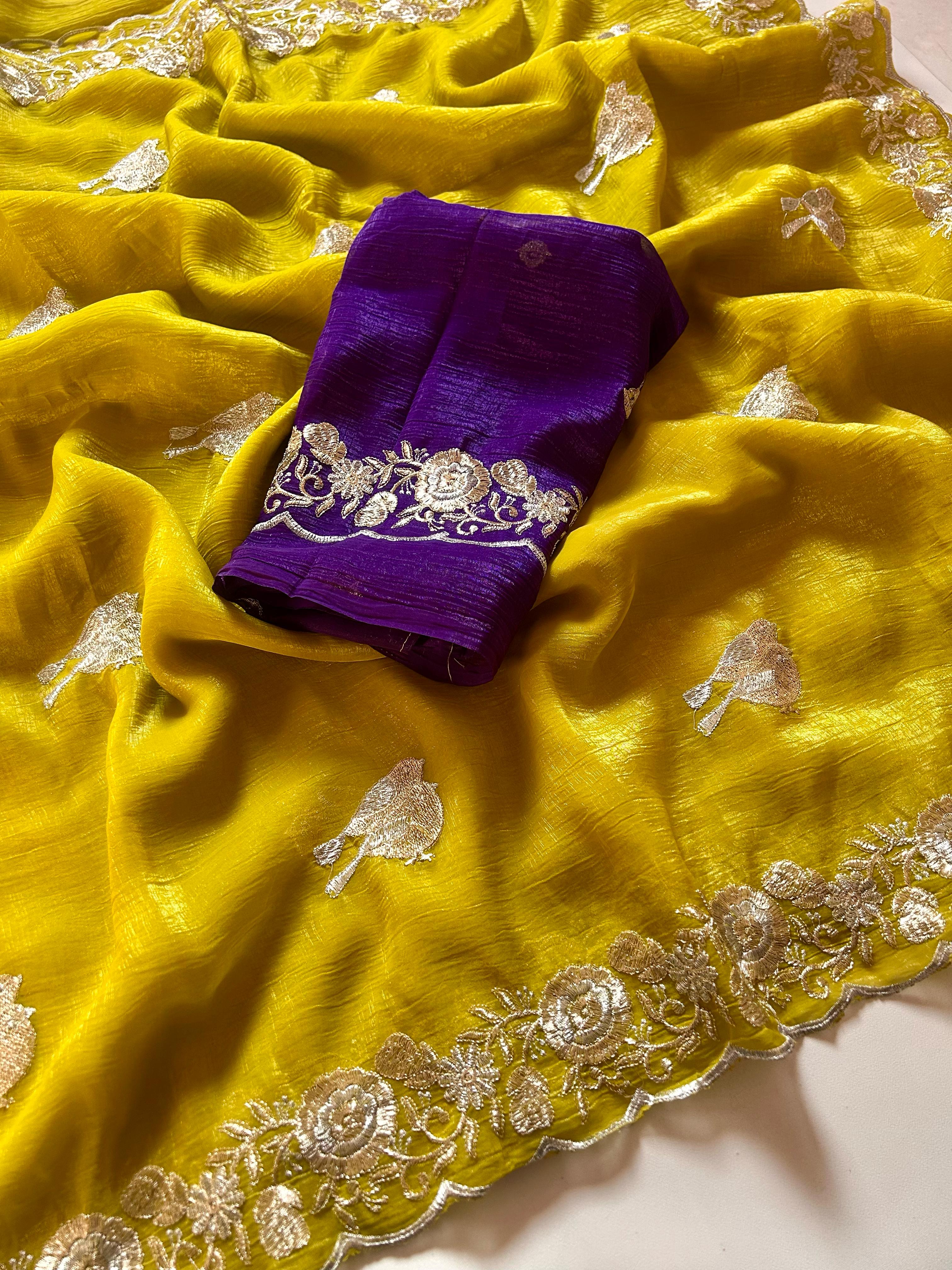New Partywear Crush Chiffon Silk Embroidered n Sequence Work Fancy Designer Saree With Blouse