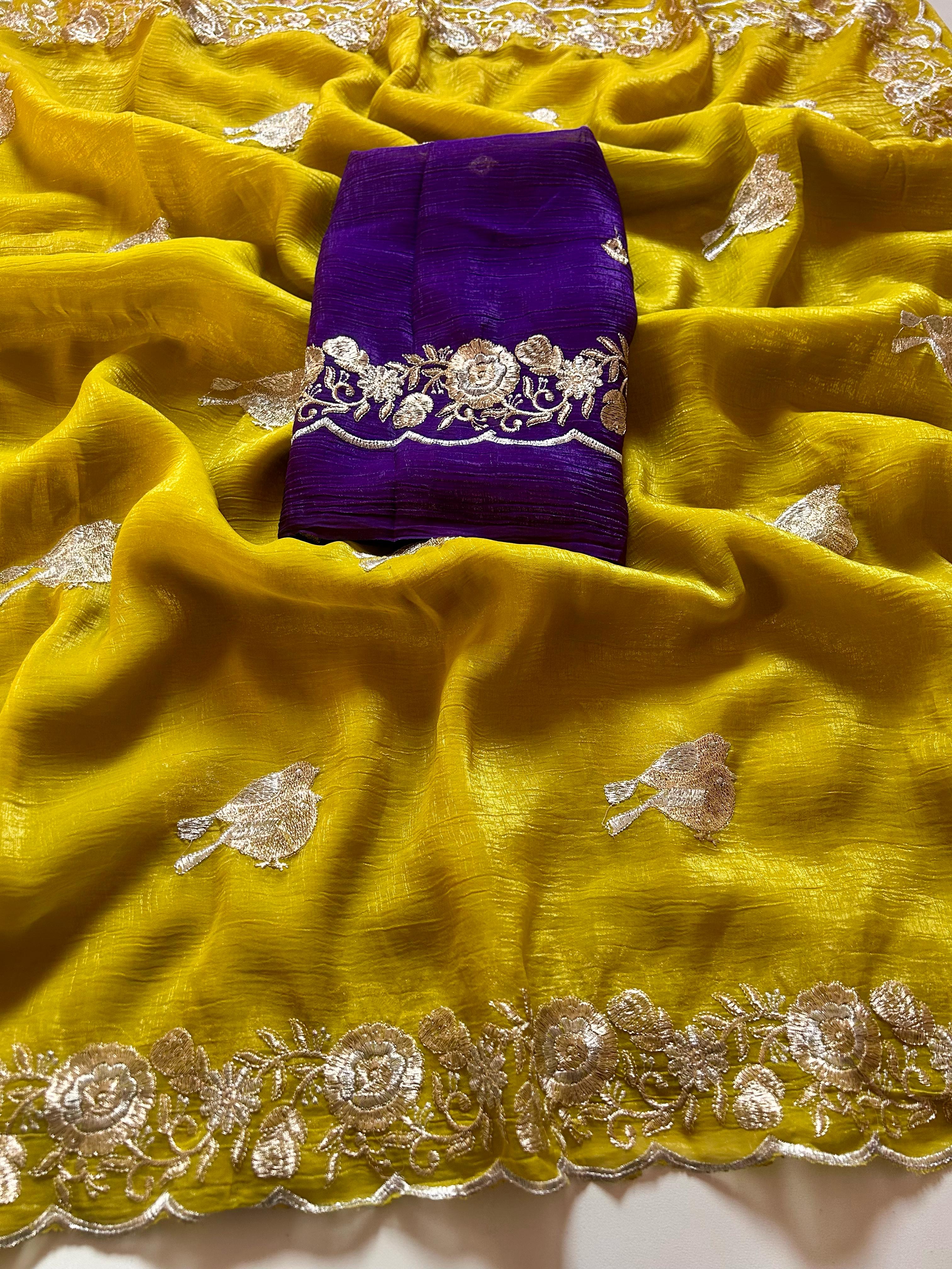 New Partywear Crush Chiffon Silk Embroidered n Sequence Work Fancy Designer Saree With Blouse