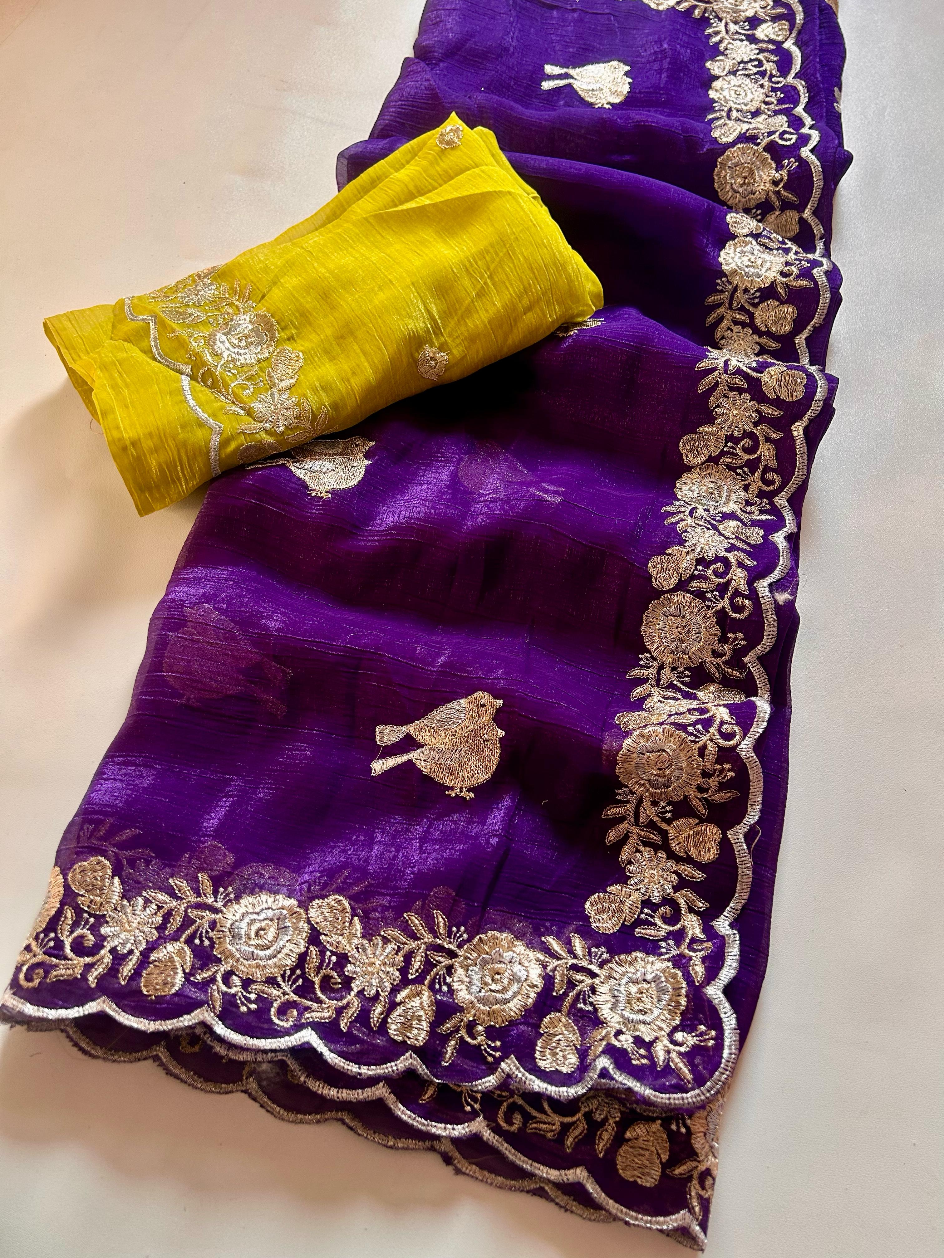 New Partywear Crush Chiffon Silk Embroidered n Sequence Work Fancy Designer Saree With Blouse