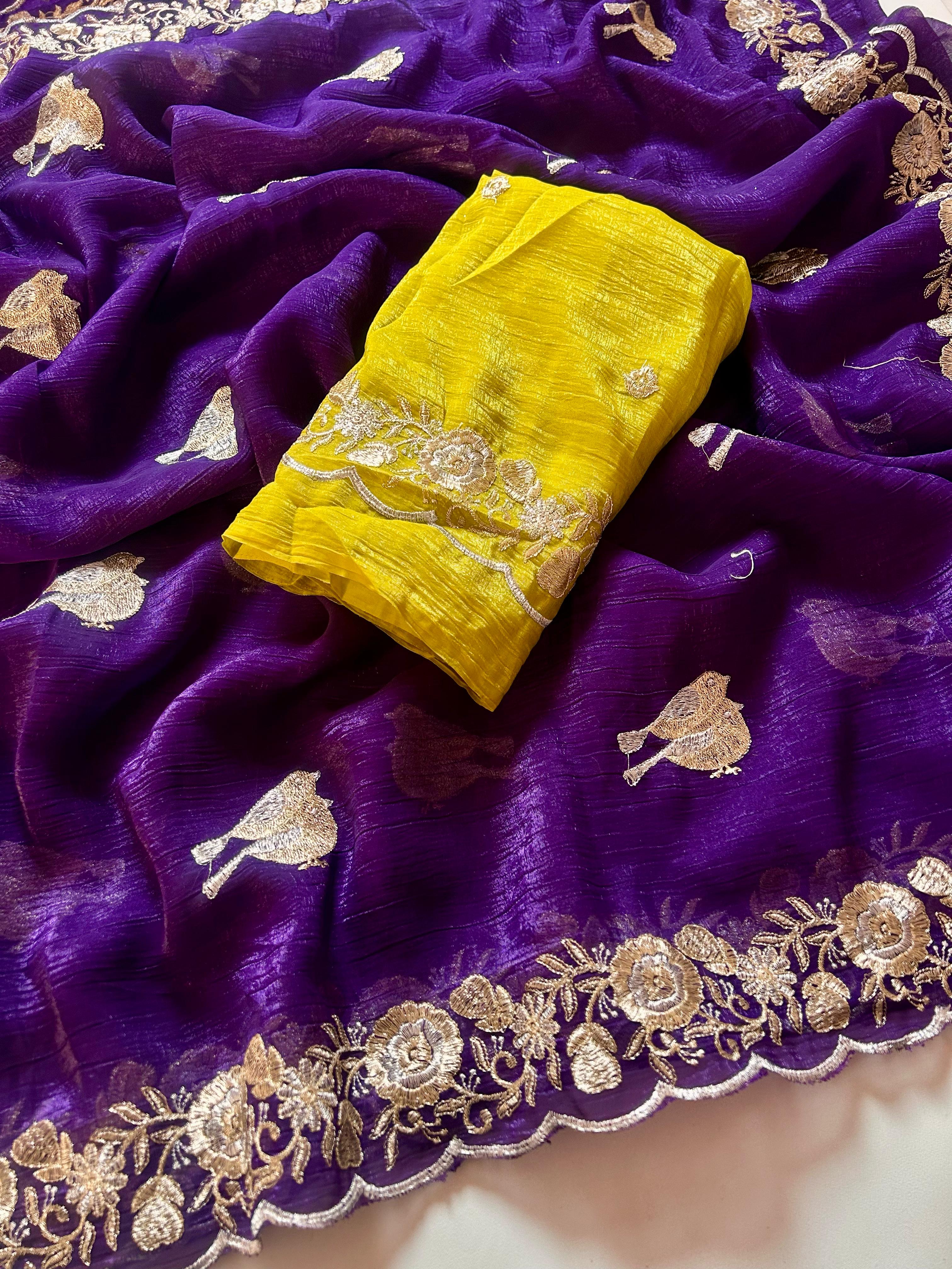 New Partywear Crush Chiffon Silk Embroidered n Sequence Work Fancy Designer Saree With Blouse