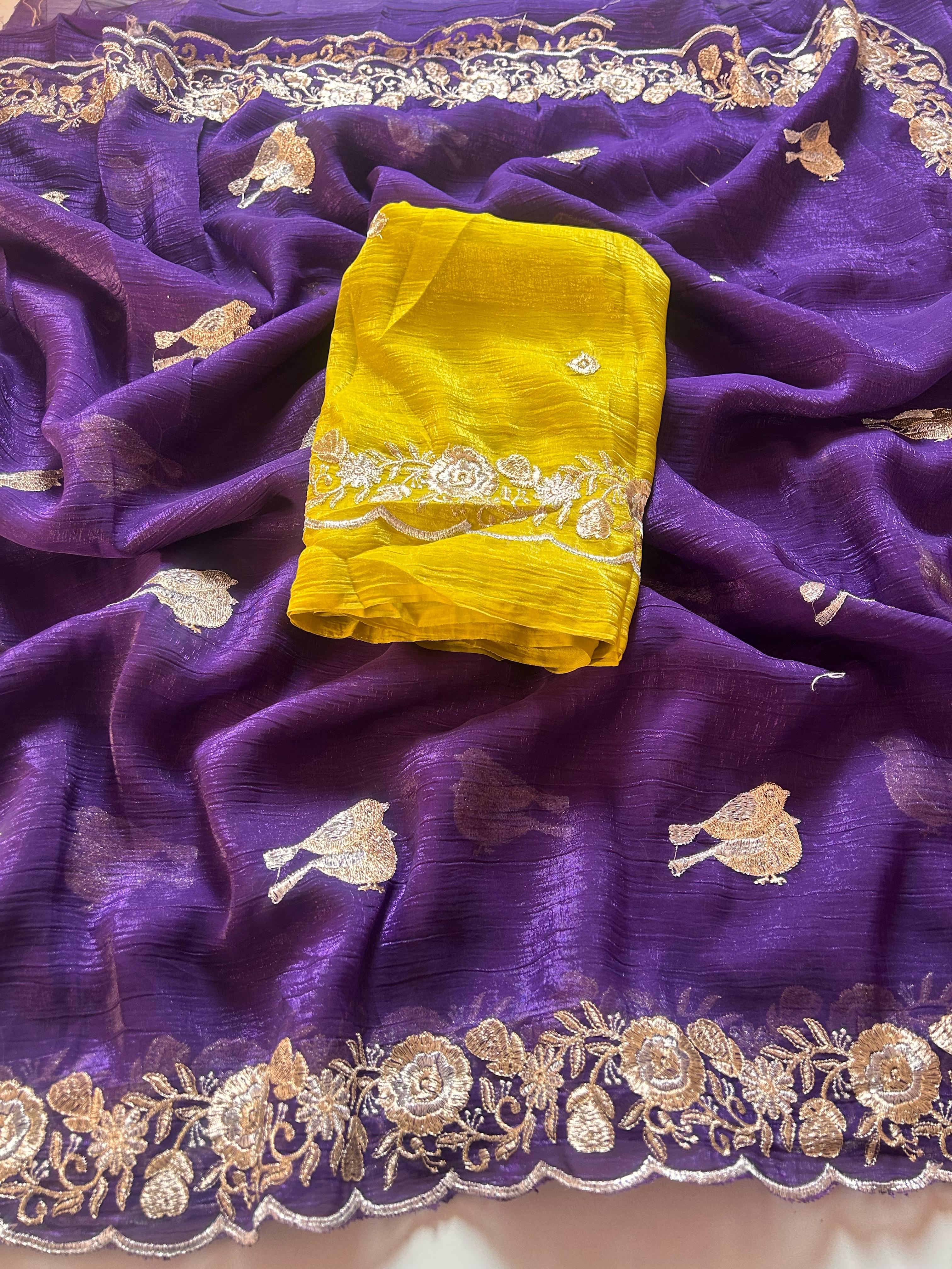 New Partywear Crush Chiffon Silk Embroidered n Sequence Work Fancy Designer Saree With Blouse