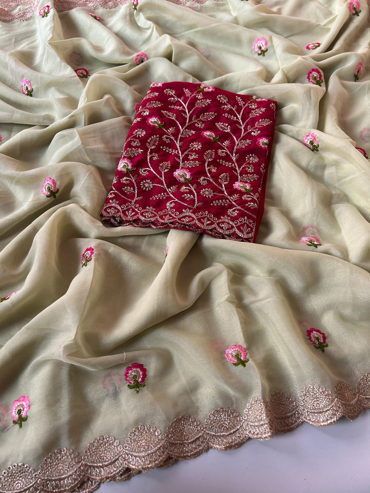 New Wedding Wear Pure Chinnon Embroidery n Stone Work Fancy Designer Saree With Blouse