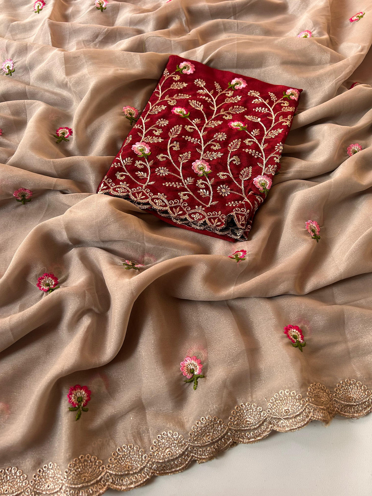 New Wedding Wear Pure Chinnon Embroidery n Stone Work Fancy Designer Saree With Blouse