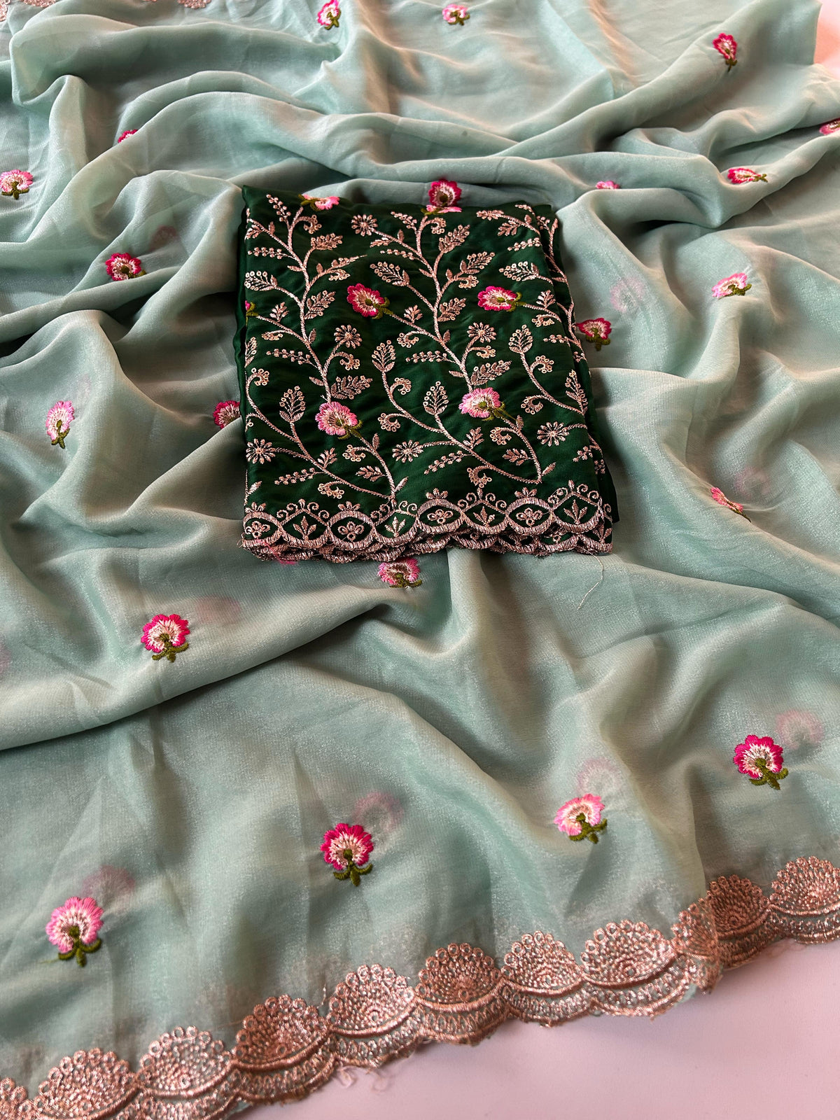 New Wedding Wear Pure Chinnon Embroidery n Stone Work Fancy Designer Saree With Blouse