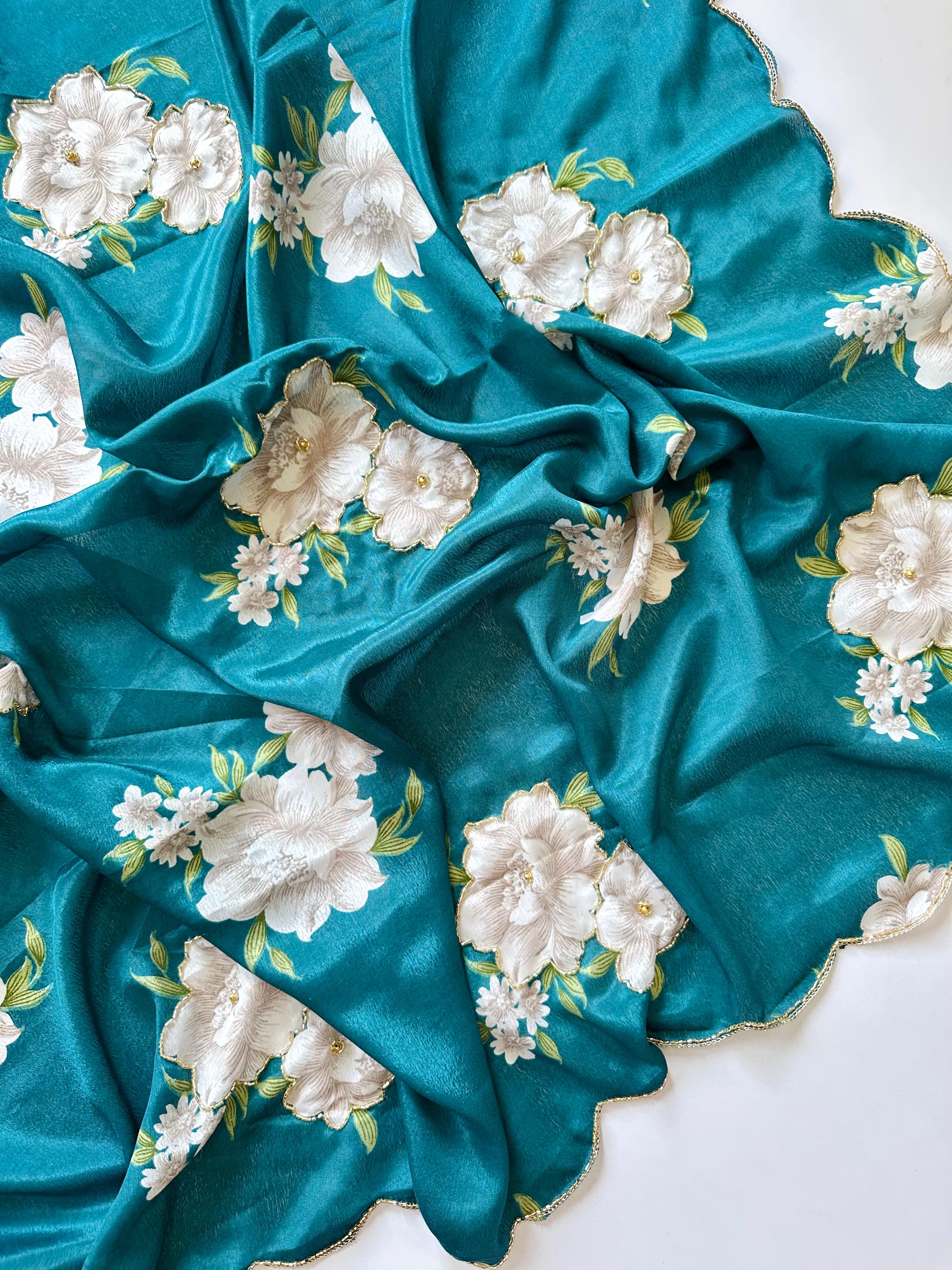 Heavy Pure Chinnon Fabric Flower Print with Handwork Fancy Designer Saree With Unstitched Blouse Piece