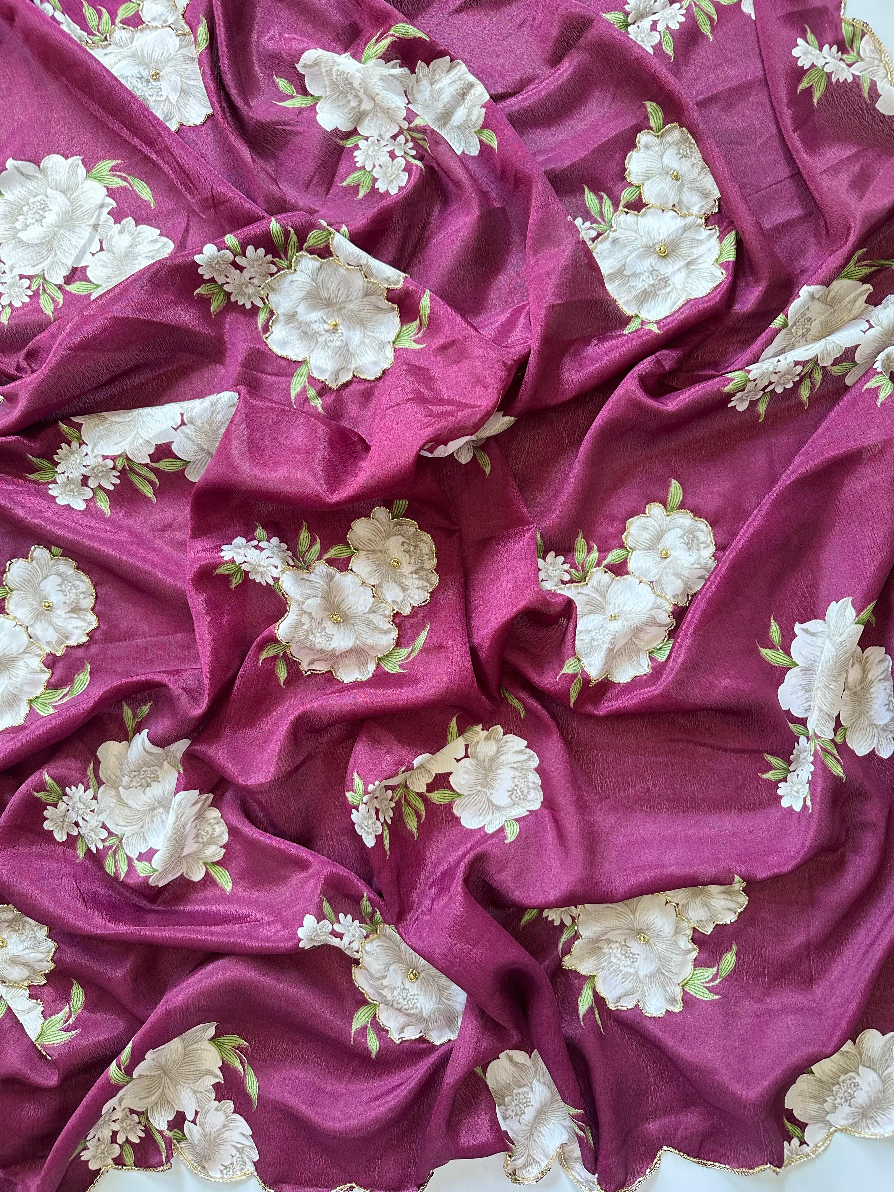 Heavy Pure Chinnon Fabric Flower Print with Handwork Fancy Designer Saree With Unstitched Blouse Piece