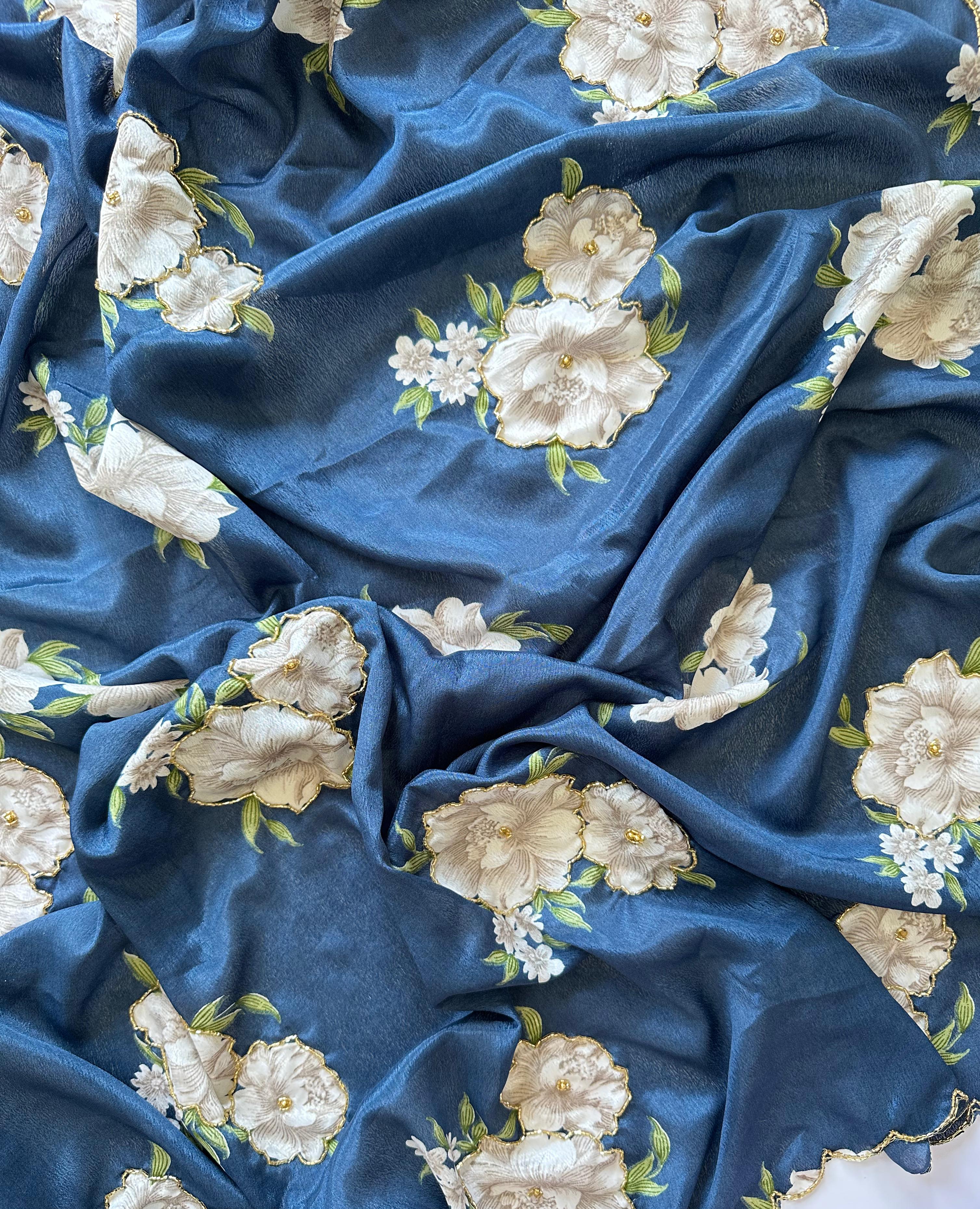 Heavy Pure Chinnon Fabric Flower Print with Handwork Fancy Designer Saree With Unstitched Blouse Piece
