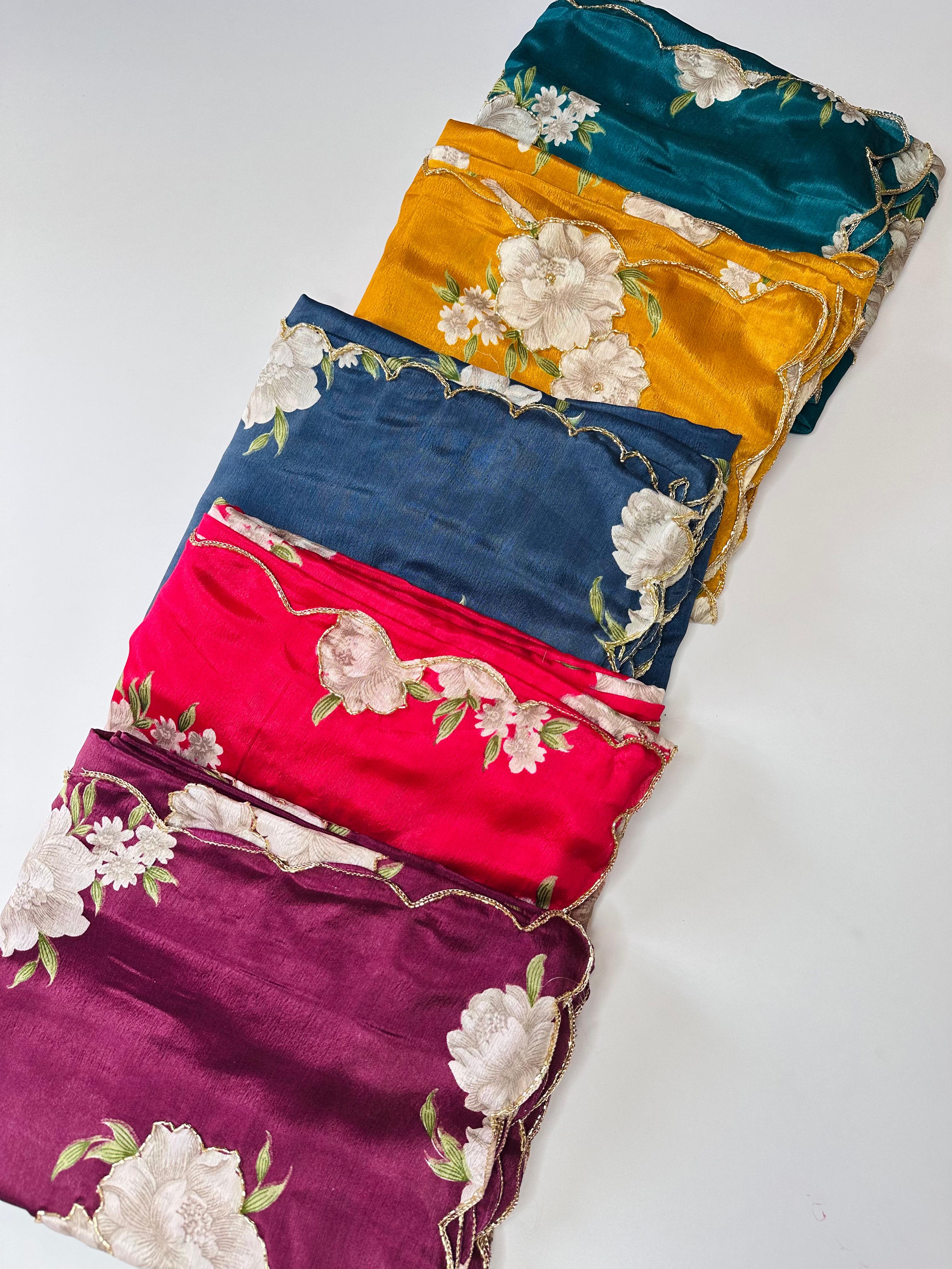 Heavy Pure Chinnon Fabric Flower Print with Handwork Fancy Designer Saree With Unstitched Blouse Piece
