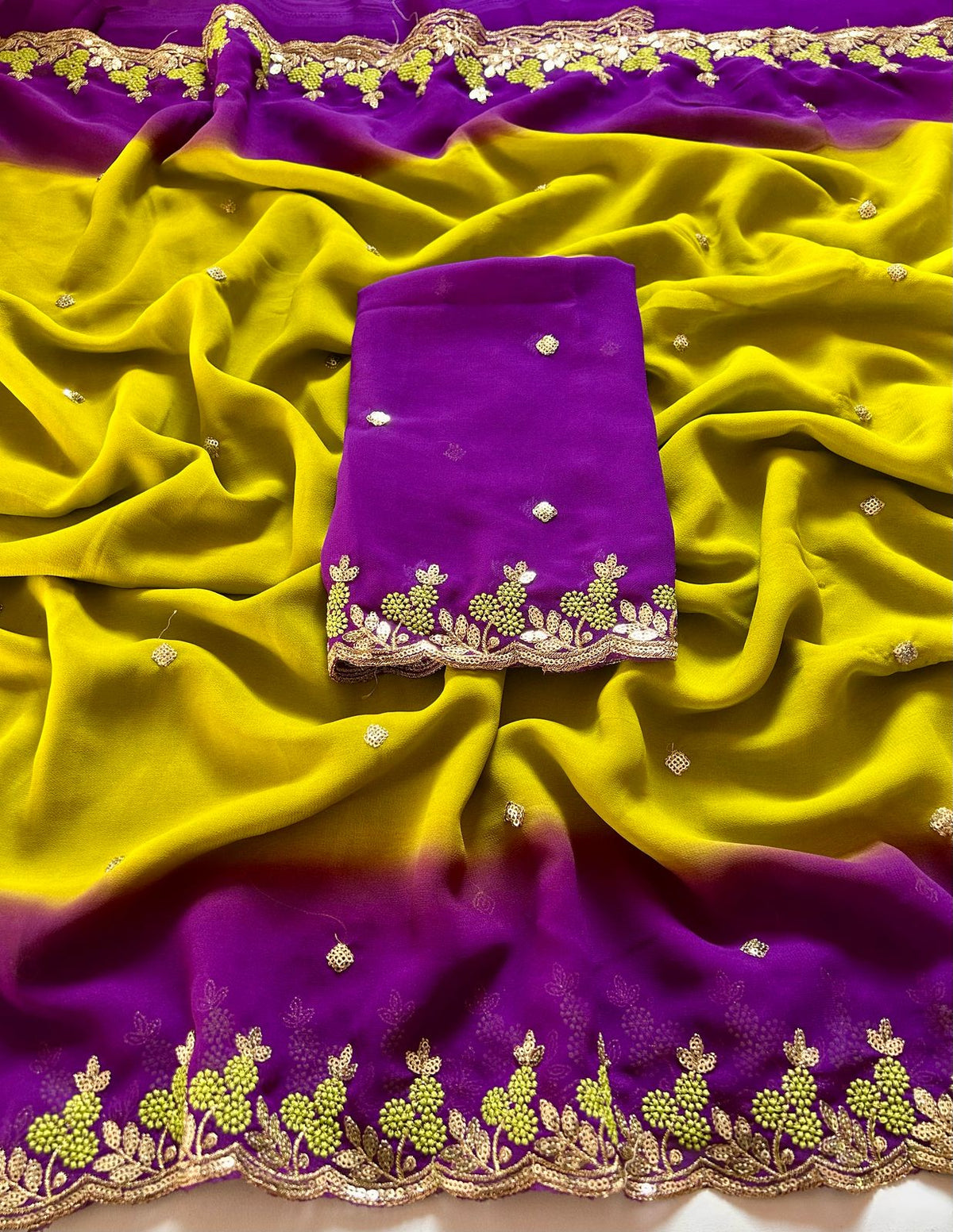 New Wedding Wear Purple n Mustard Pedding Color Soft Chiffon Silk Sequence Work Fancy Designer Saree With Blouse
