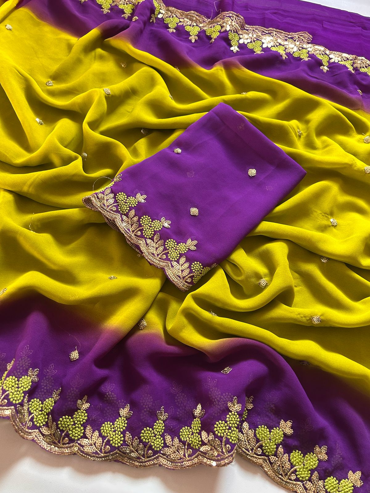 New Wedding Wear Purple n Mustard Pedding Color Soft Chiffon Silk Sequence Work Fancy Designer Saree With Blouse