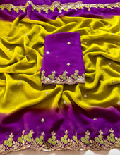 Load image into Gallery viewer, New Wedding Wear Purple n Mustard Pedding Color Soft Chiffon Silk Sequence Work Fancy Designer Saree With Blouse
