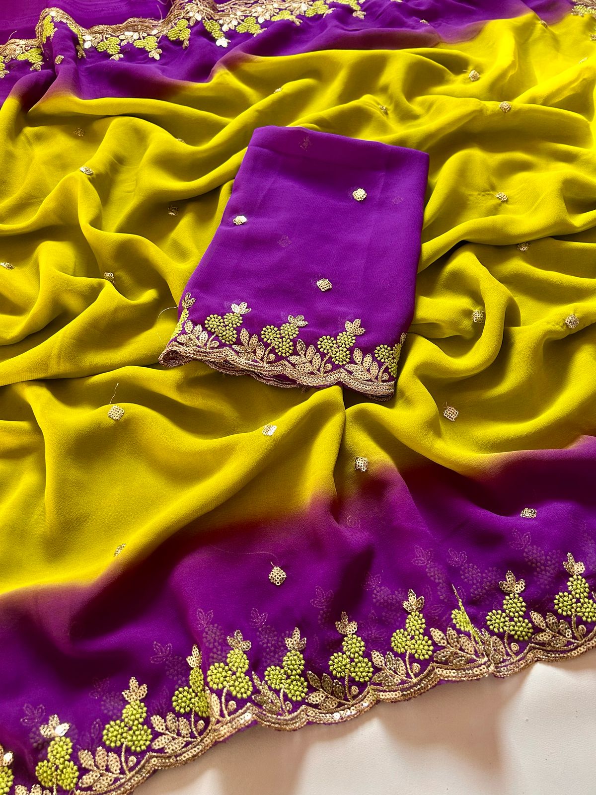 New Wedding Wear Purple n Mustard Pedding Color Soft Chiffon Silk Sequence Work Fancy Designer Saree With Blouse